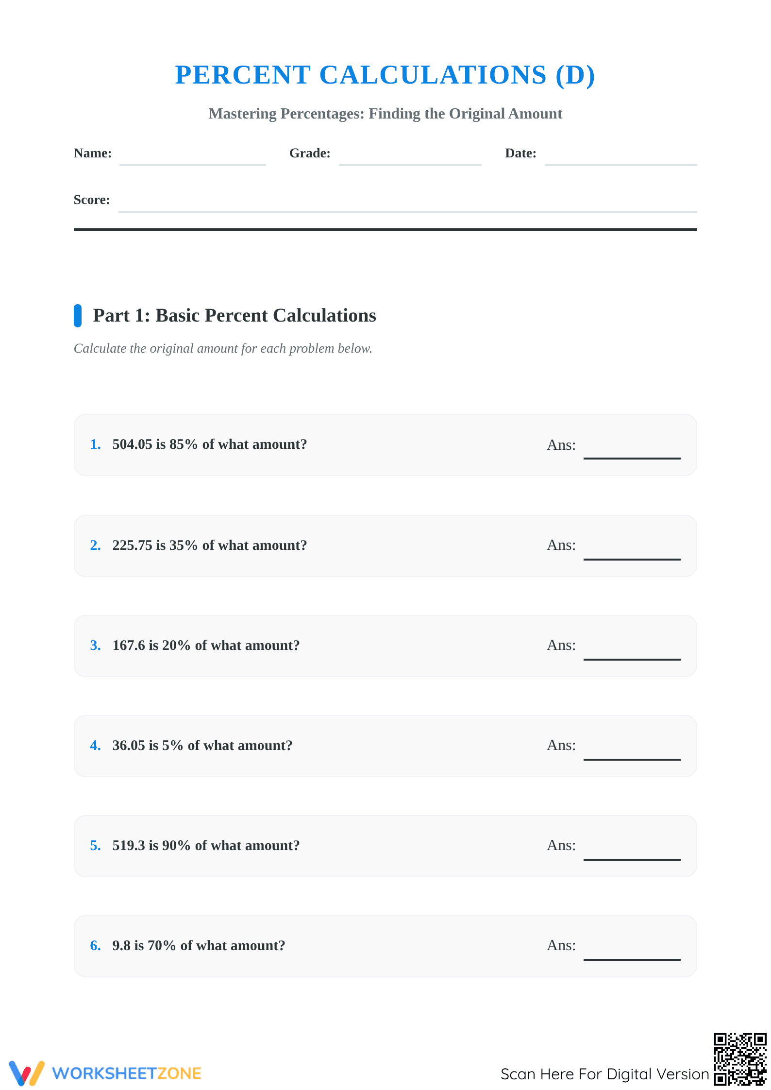 Essential Percentage Worksheet: Find Original Amount (Grades 6-8) - Page 1