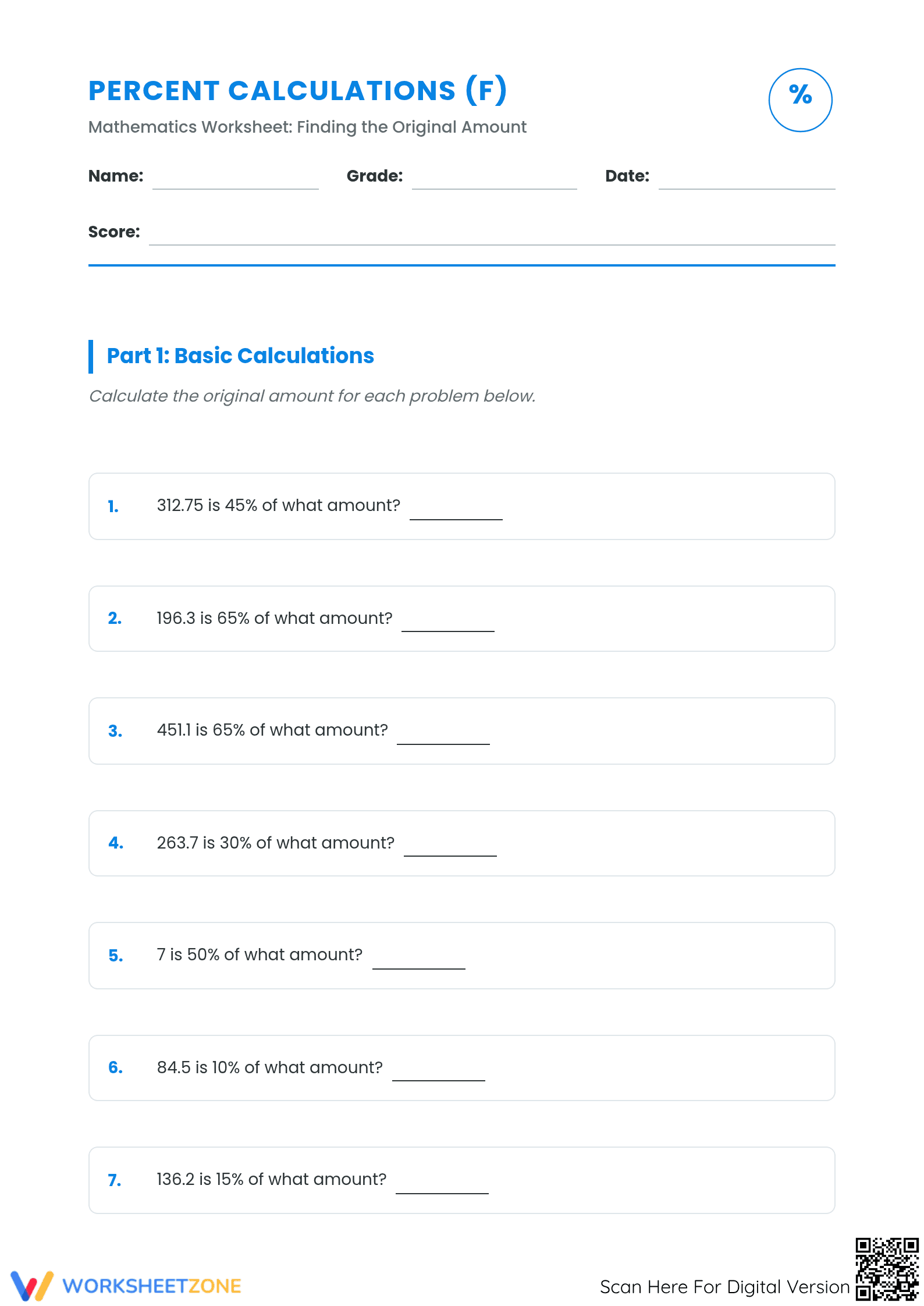 Finding Original Amount Percent Worksheet | Essential Math - Page 1