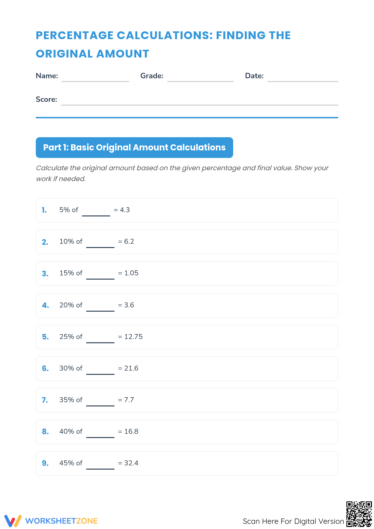 Essential Finding the Original Amount Worksheet | Grade 6-8 - Page 1