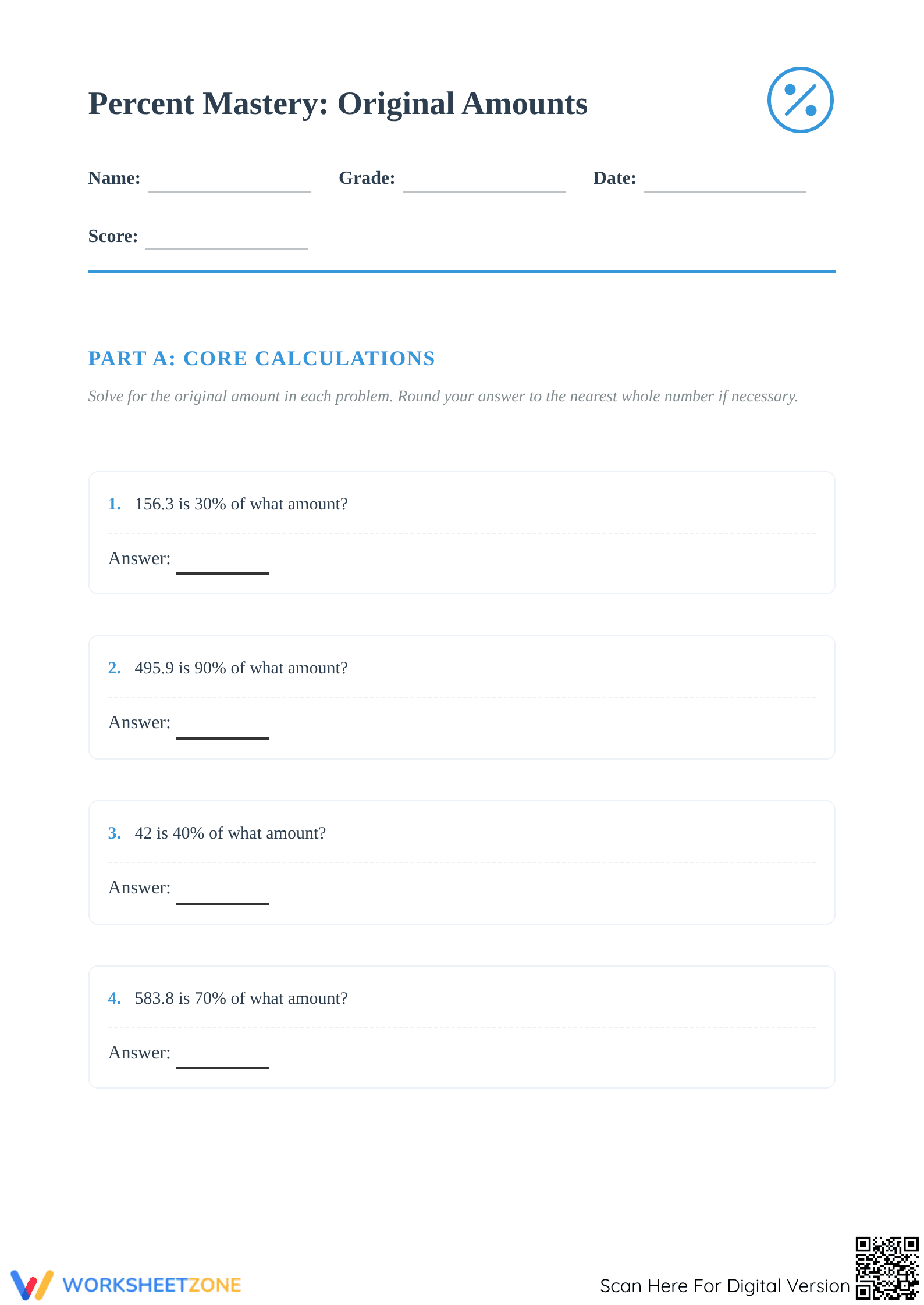 Original Amount Percent Worksheet | Essential Grade 6 Math - Page 1