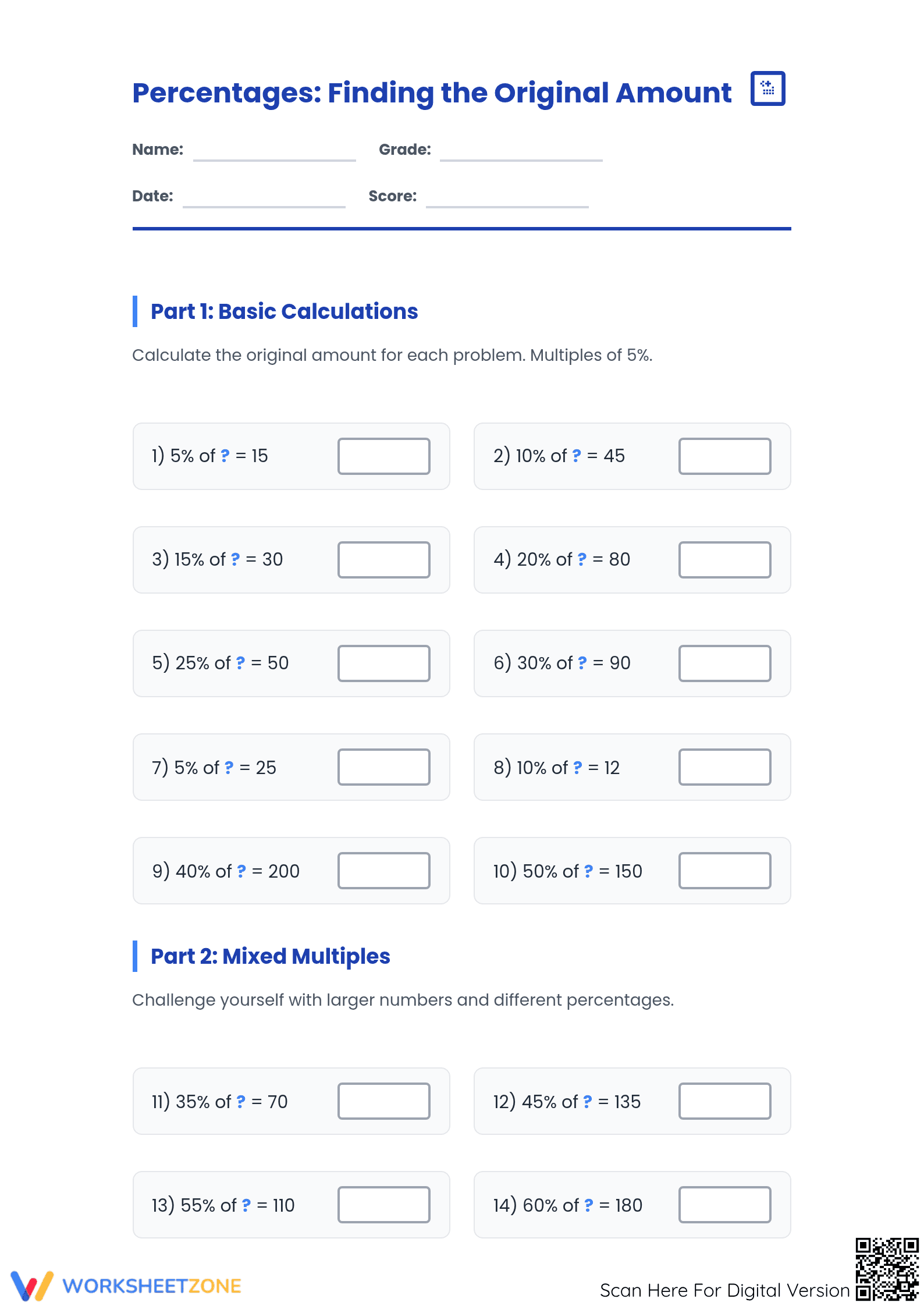 Essential Grade 6: Finding Original Amount Percentage Worksheet - Page 1