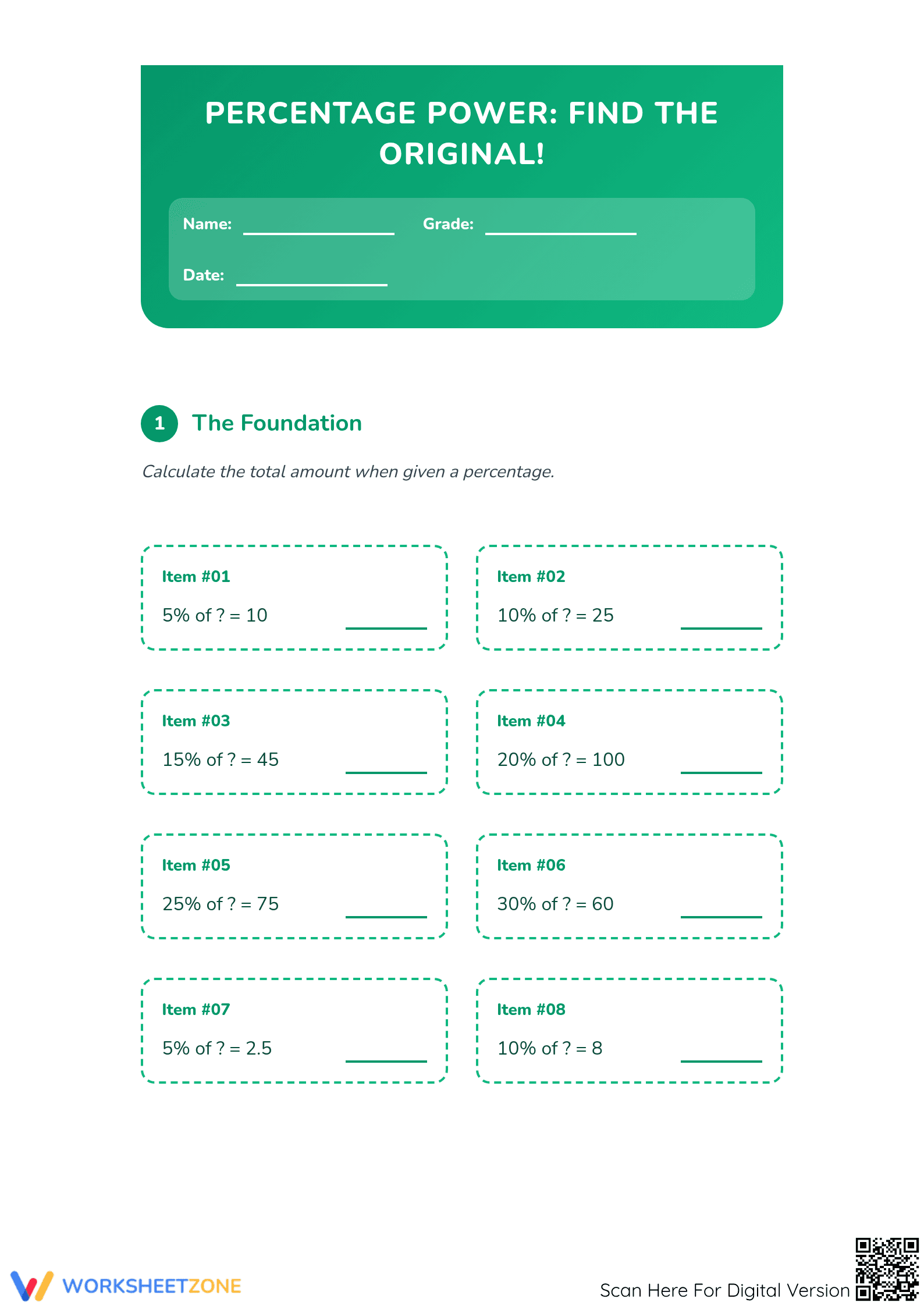 Essential Grade 6 Math: Original Amount Percentage Worksheet - Page 1