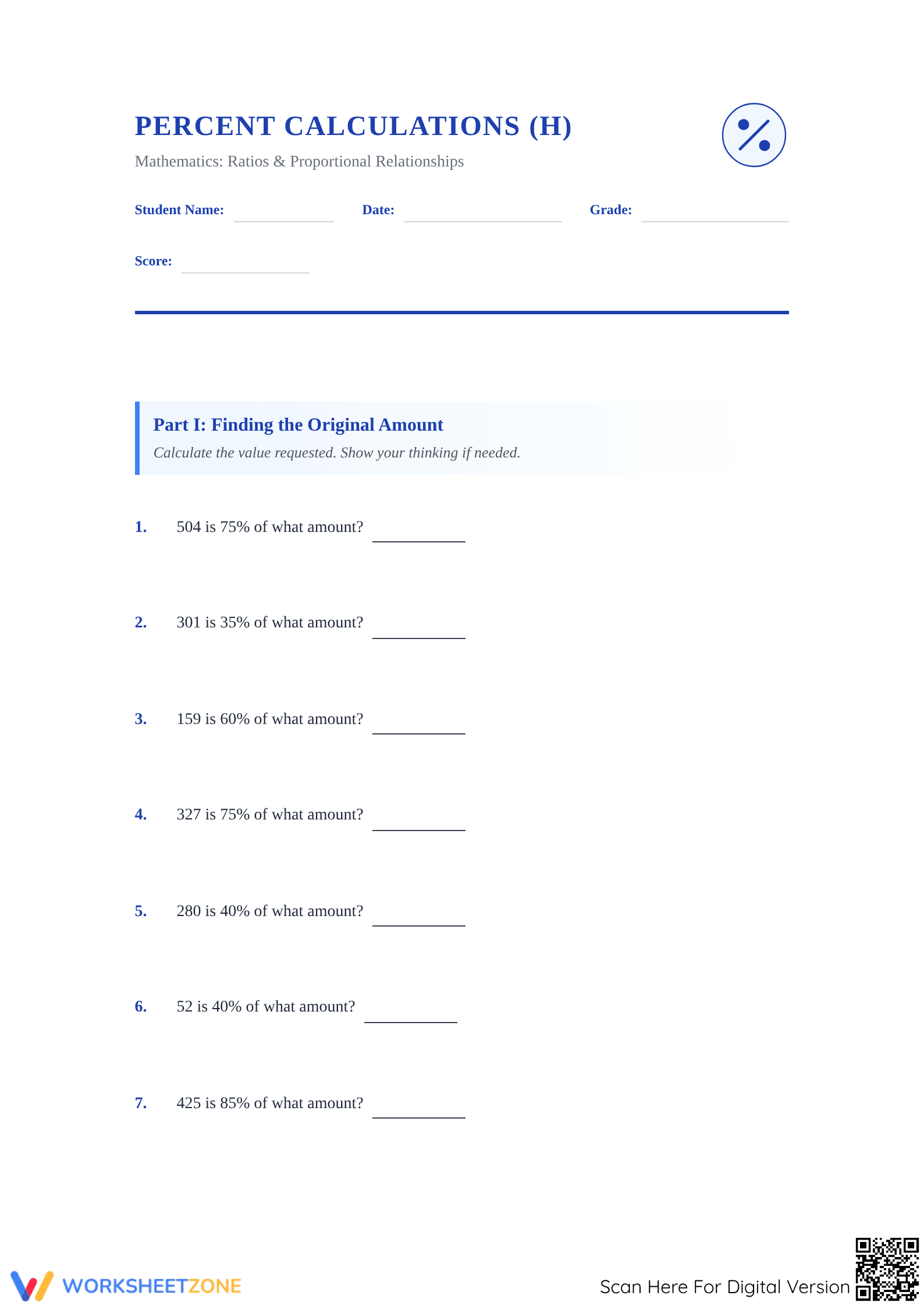 Essential Original Amount Worksheet | Grade 6-7 Aligned - Page 1