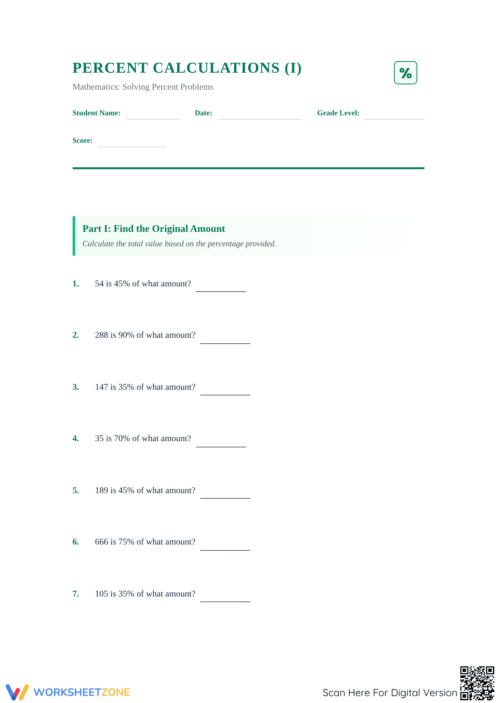 Printable Calculate Original Amount Worksheet | Grade 6 Math - Page 1