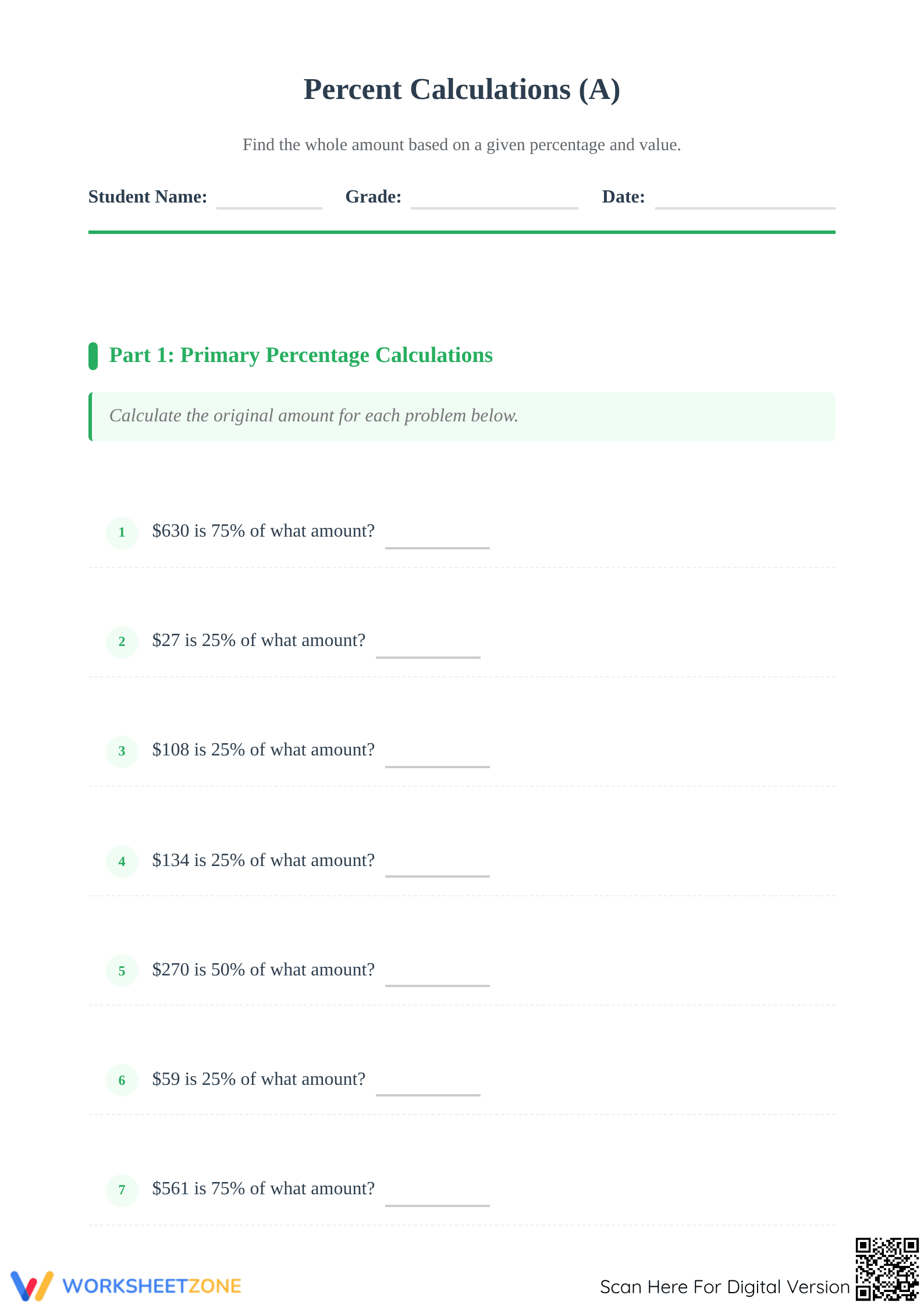 Essential Percent Calculations Worksheet | Grade 6 Math - Page 1
