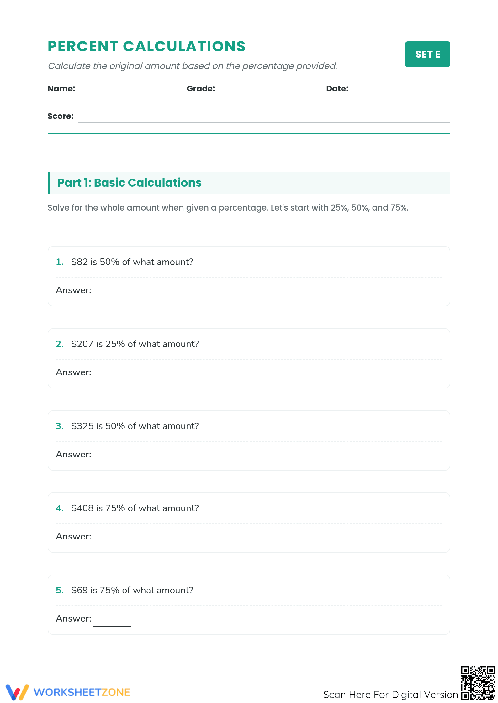 Printable Percent Calculations: Find the Original Amount - Page 1
