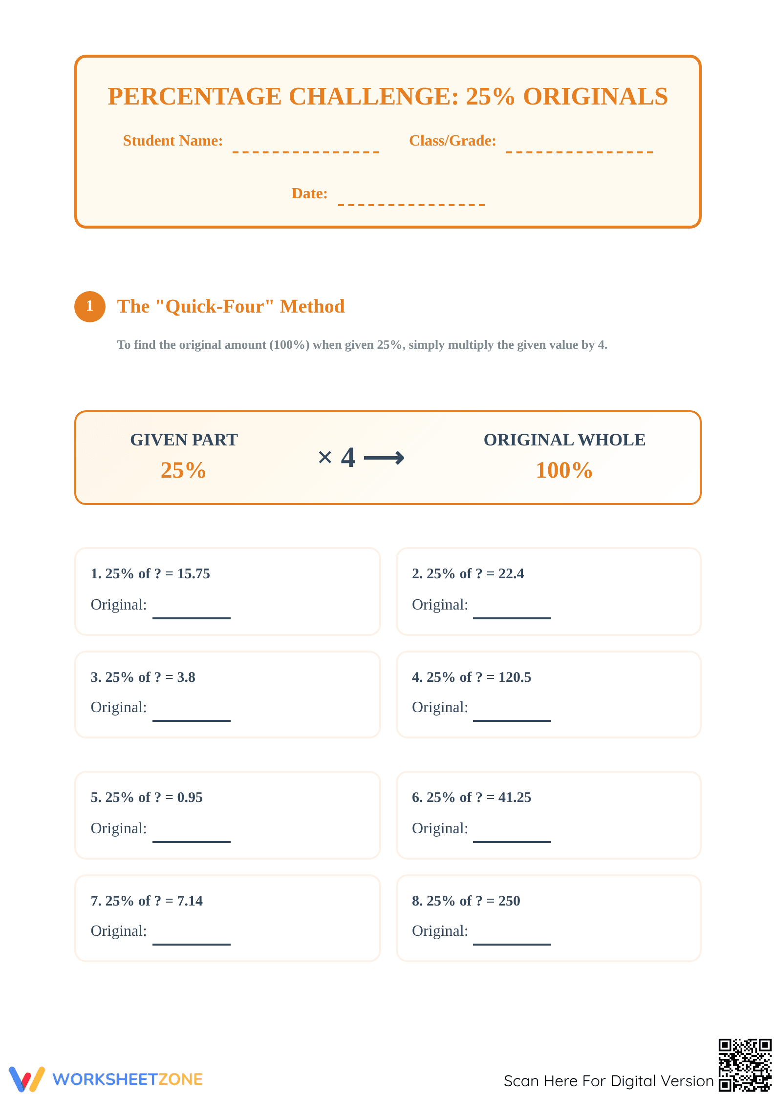 Printable 25% Percentages Worksheet | Grade 6 Math - Page 1