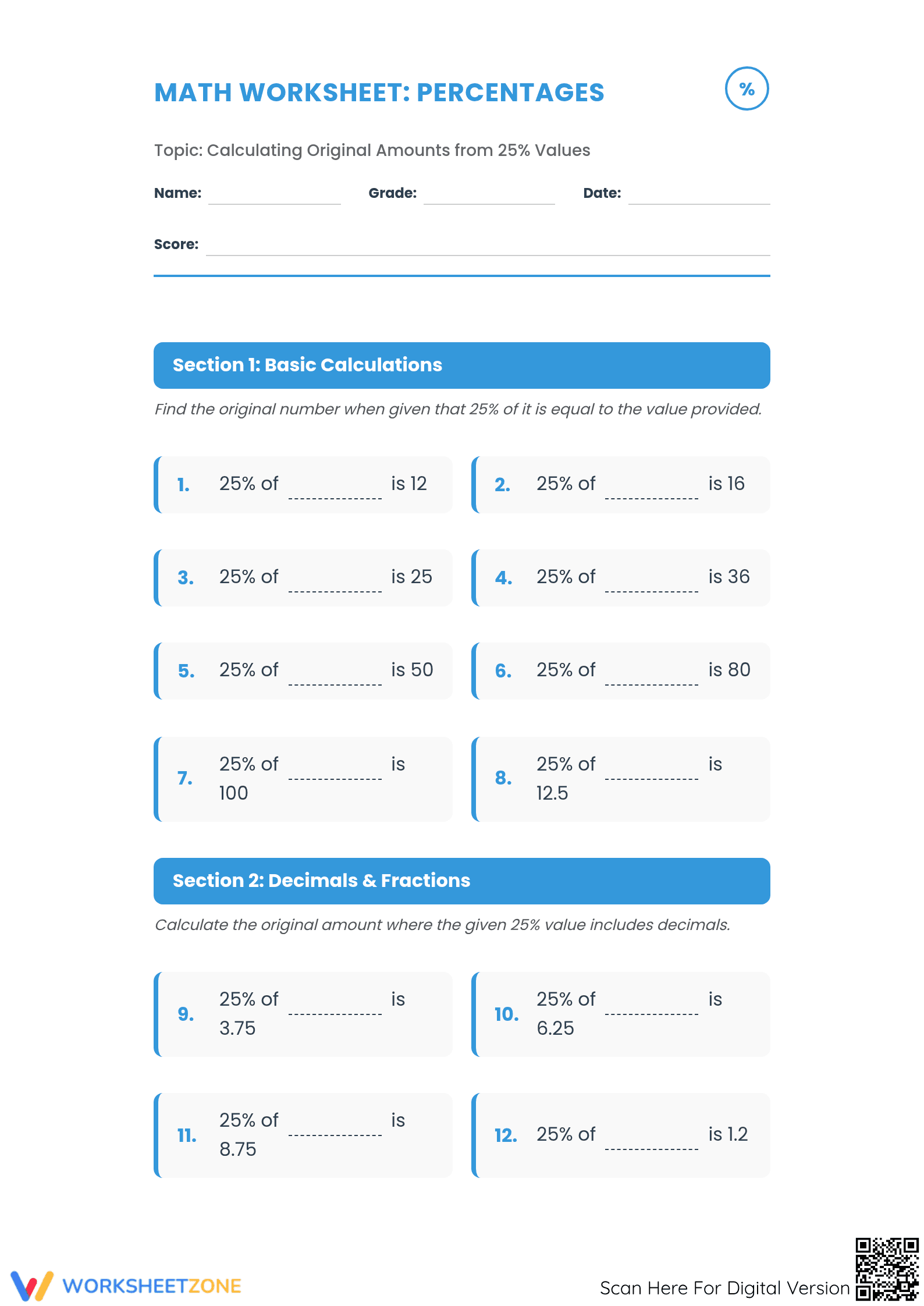 Essential 25% Percentage Worksheet: Find Original Amounts - Page 1