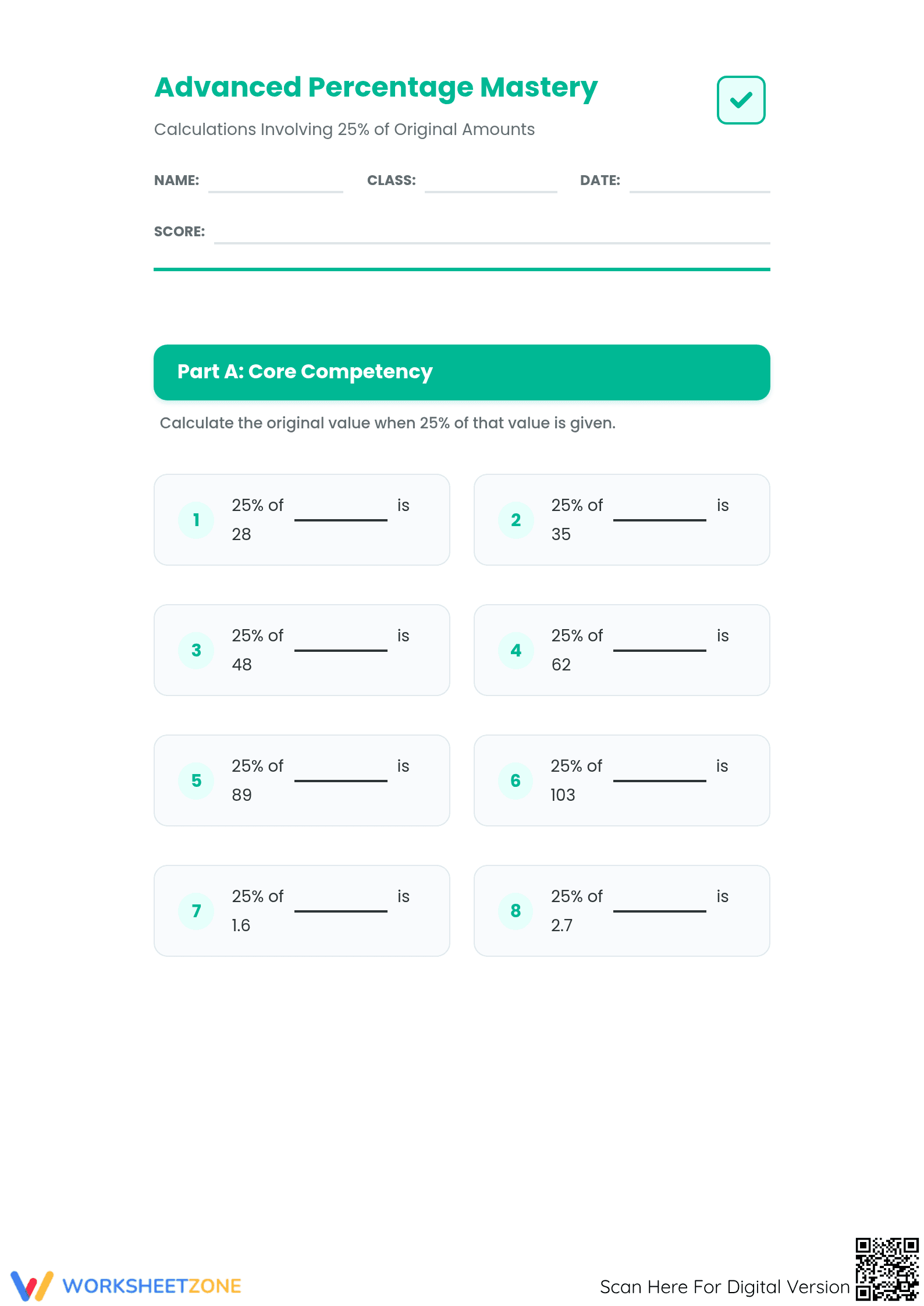 Essential Reverse Percentage: 25% Worksheet for Grade 6 - Page 1