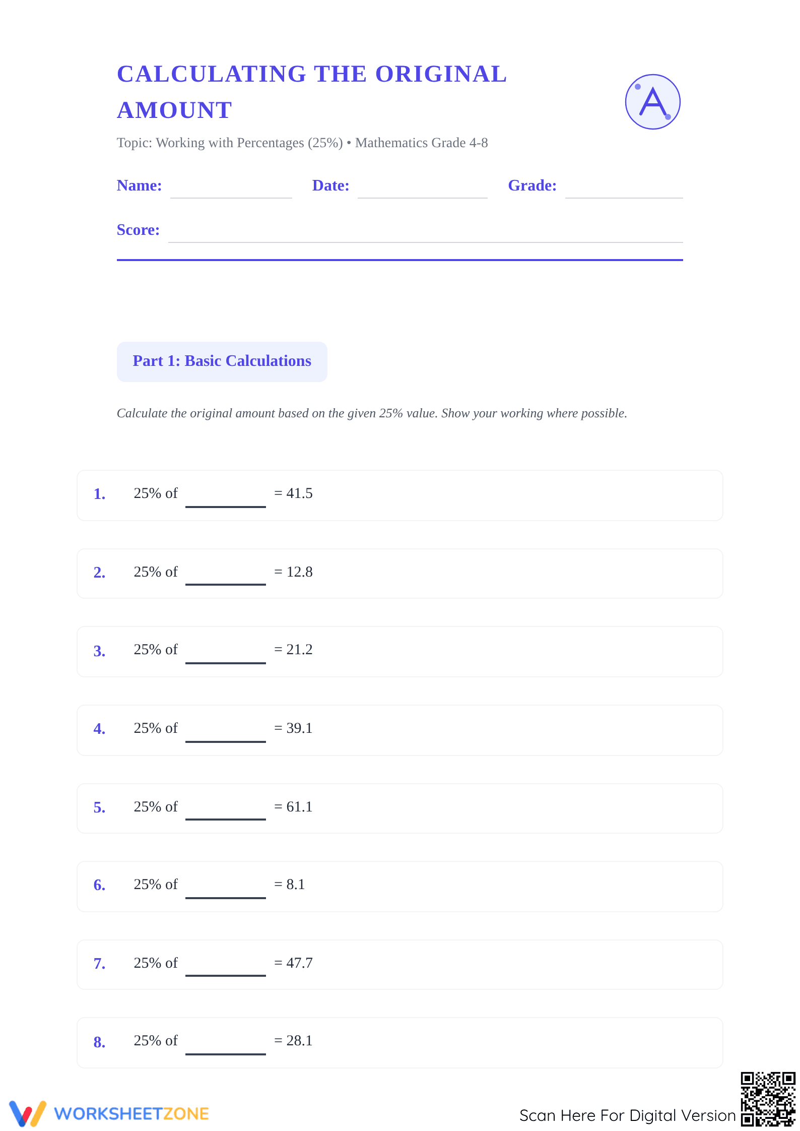 Printable 25% Original Amount Worksheet | Grade 4-8 Math - Page 1