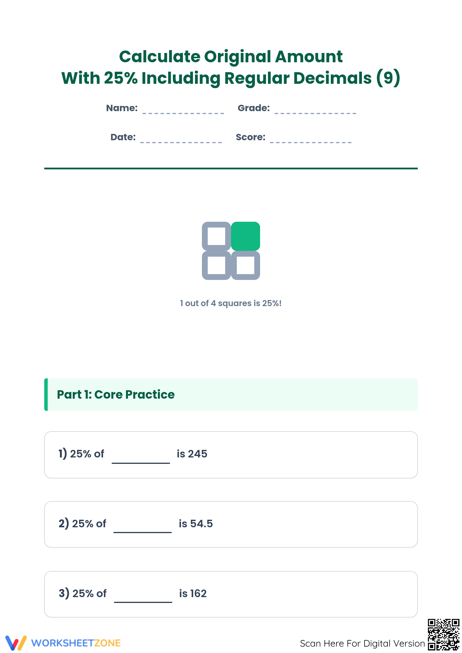 Essential 25% Percent Calculation Worksheet | Grade 6 Math - Page 1