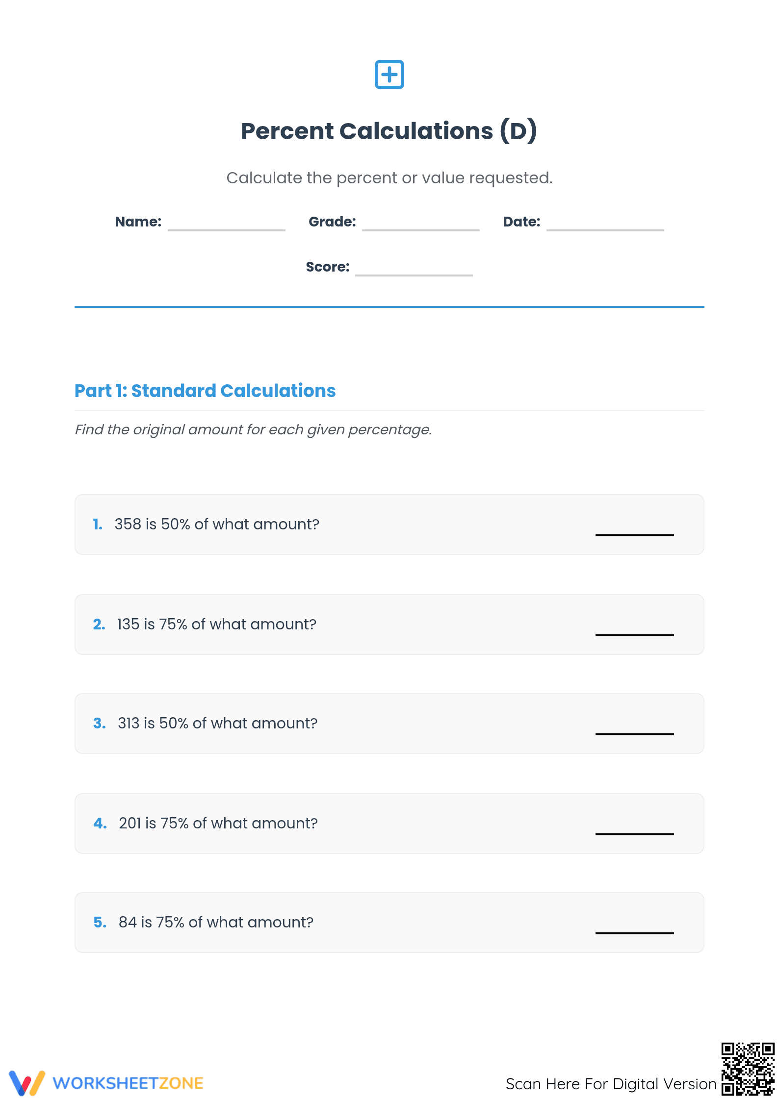 Calculate Original Amount Worksheet | Essential Grade 6 Math - Page 1