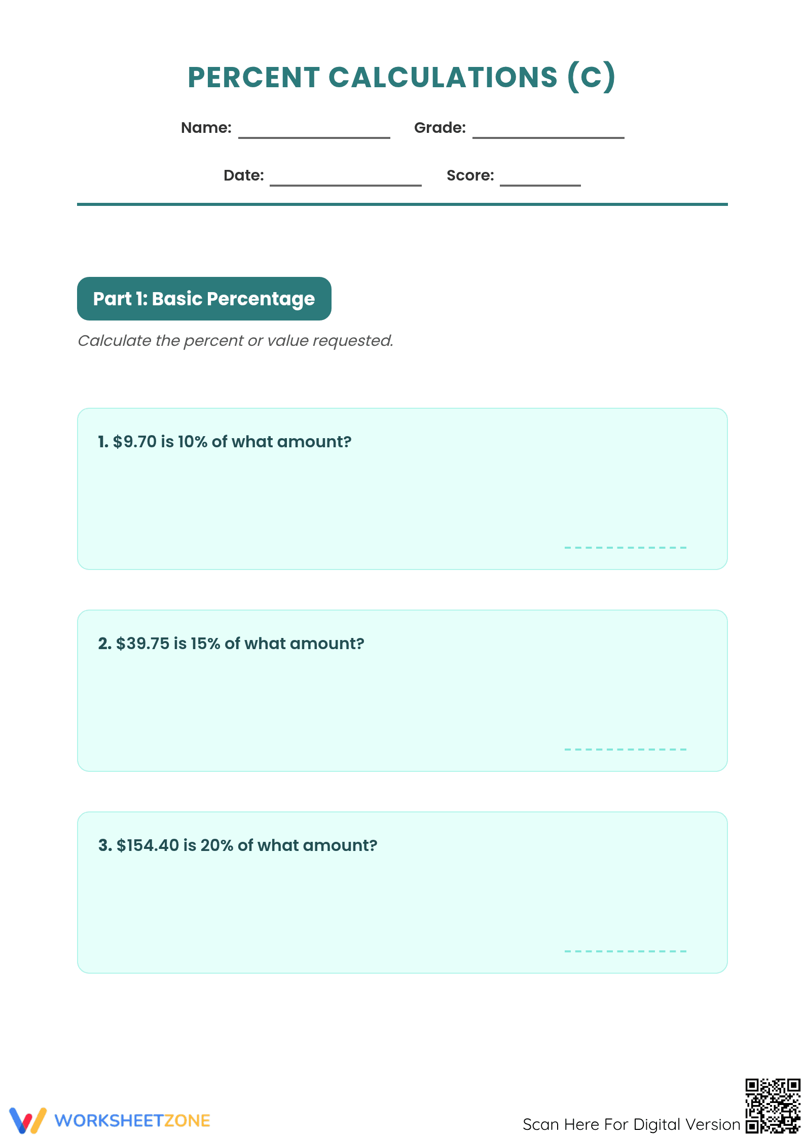 Essential Grade 6 Worksheet: Calculate Original Amount Percent - Page 1
