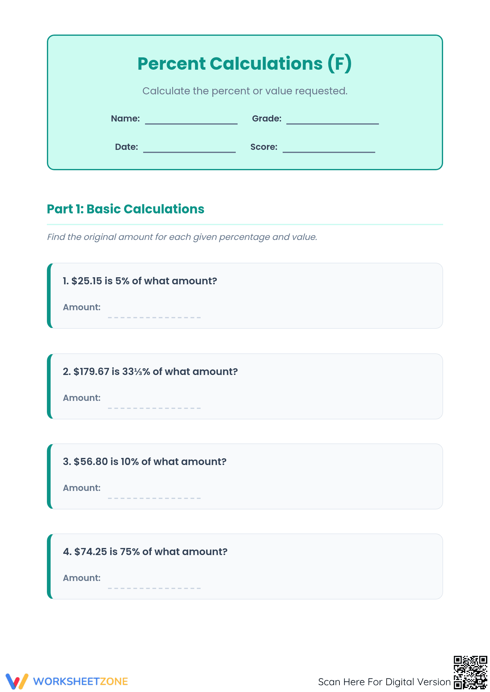 Printable Percent Worksheet: Calculate Original Amount - Page 1