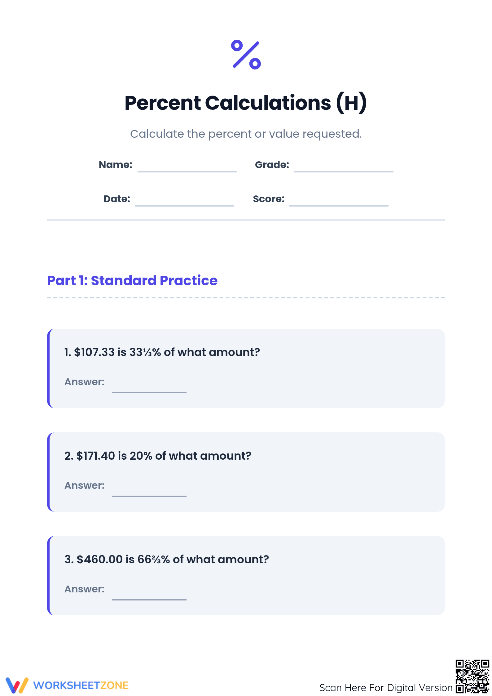 Printable Worksheet: Calculate Original Amount (Grades 6-8) - Page 1