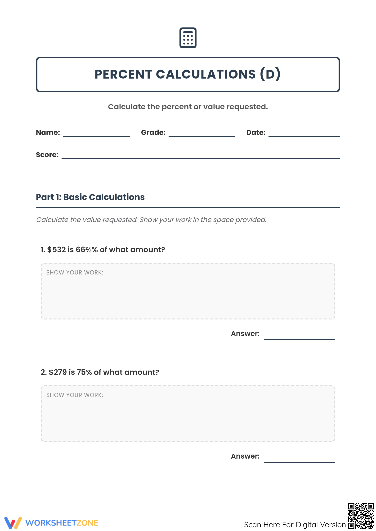 Printable Reverse Percentage Worksheet | Grades 6-8 Math - Page 1