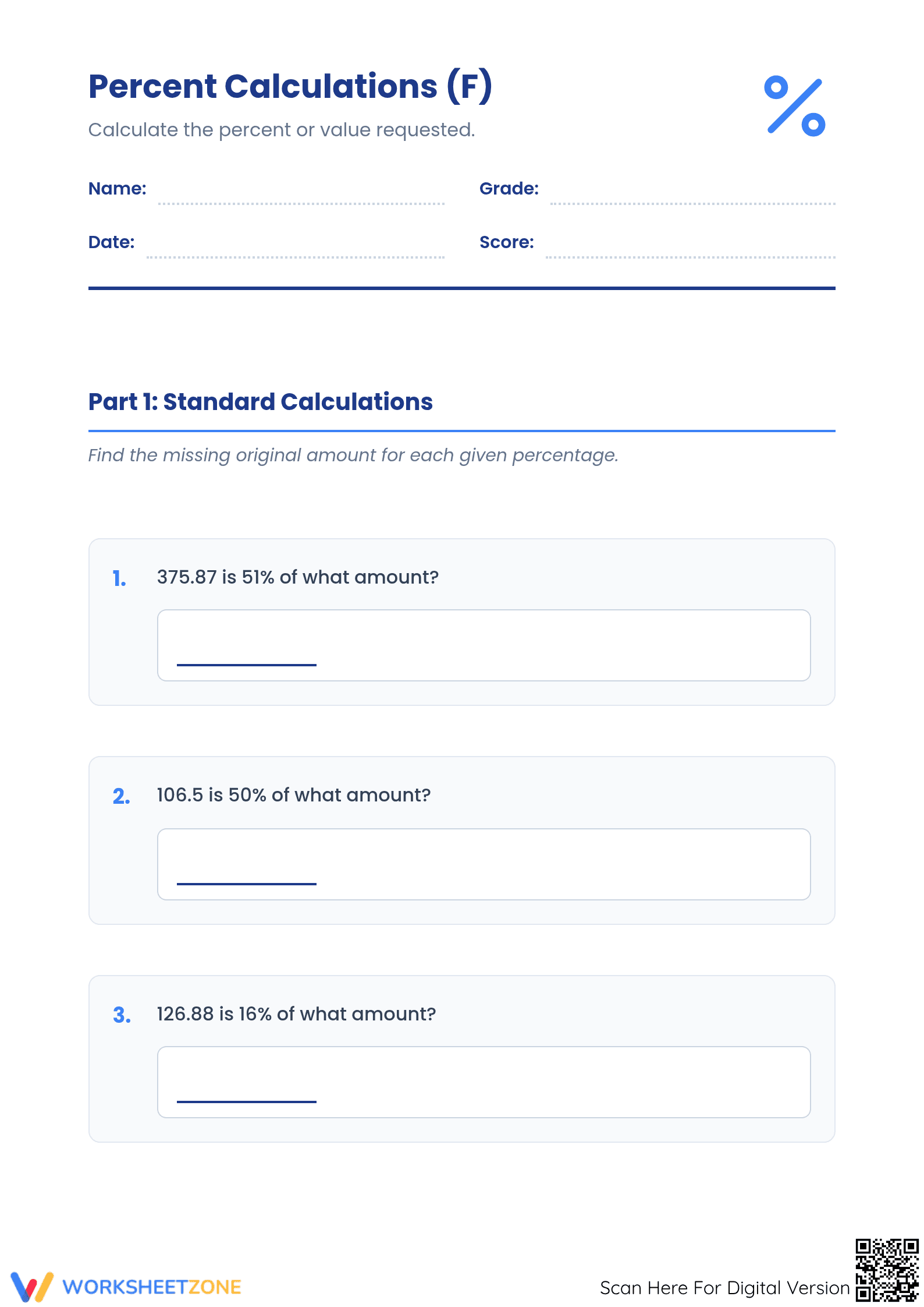 Essential Original Amount Percentage Worksheet | Grades 6-8 - Page 1