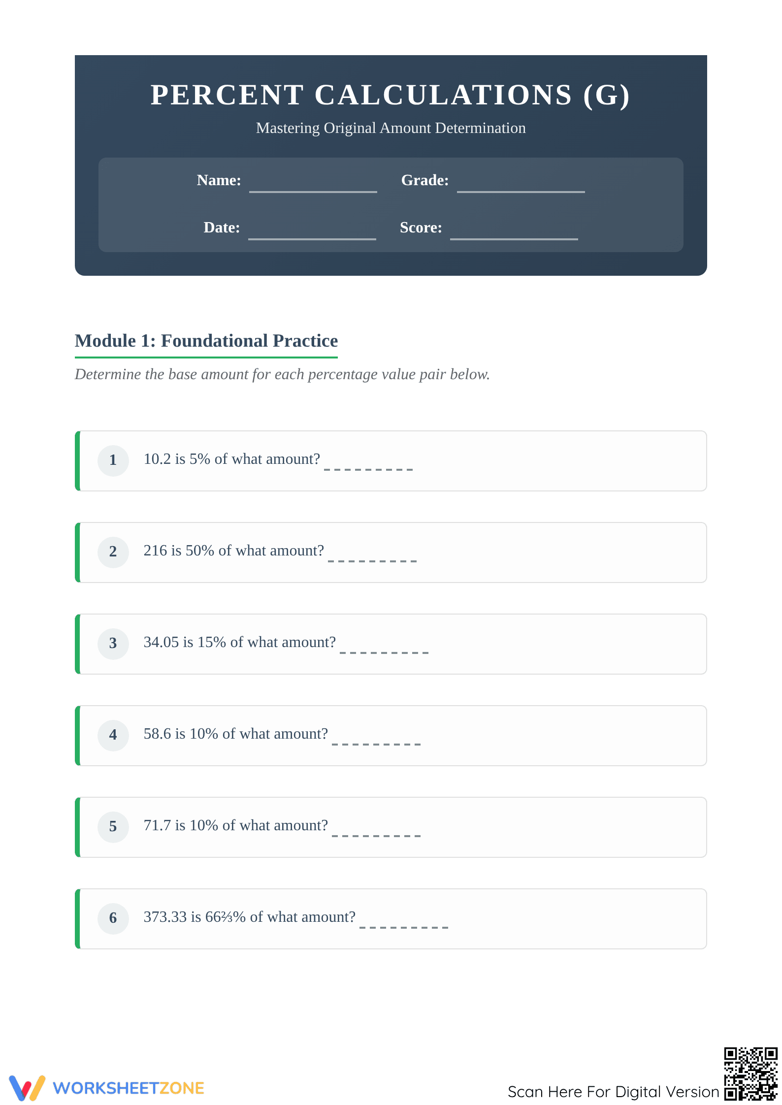 Calculate Original Amount Worksheet | Essential Grade 6 Math - Page 1