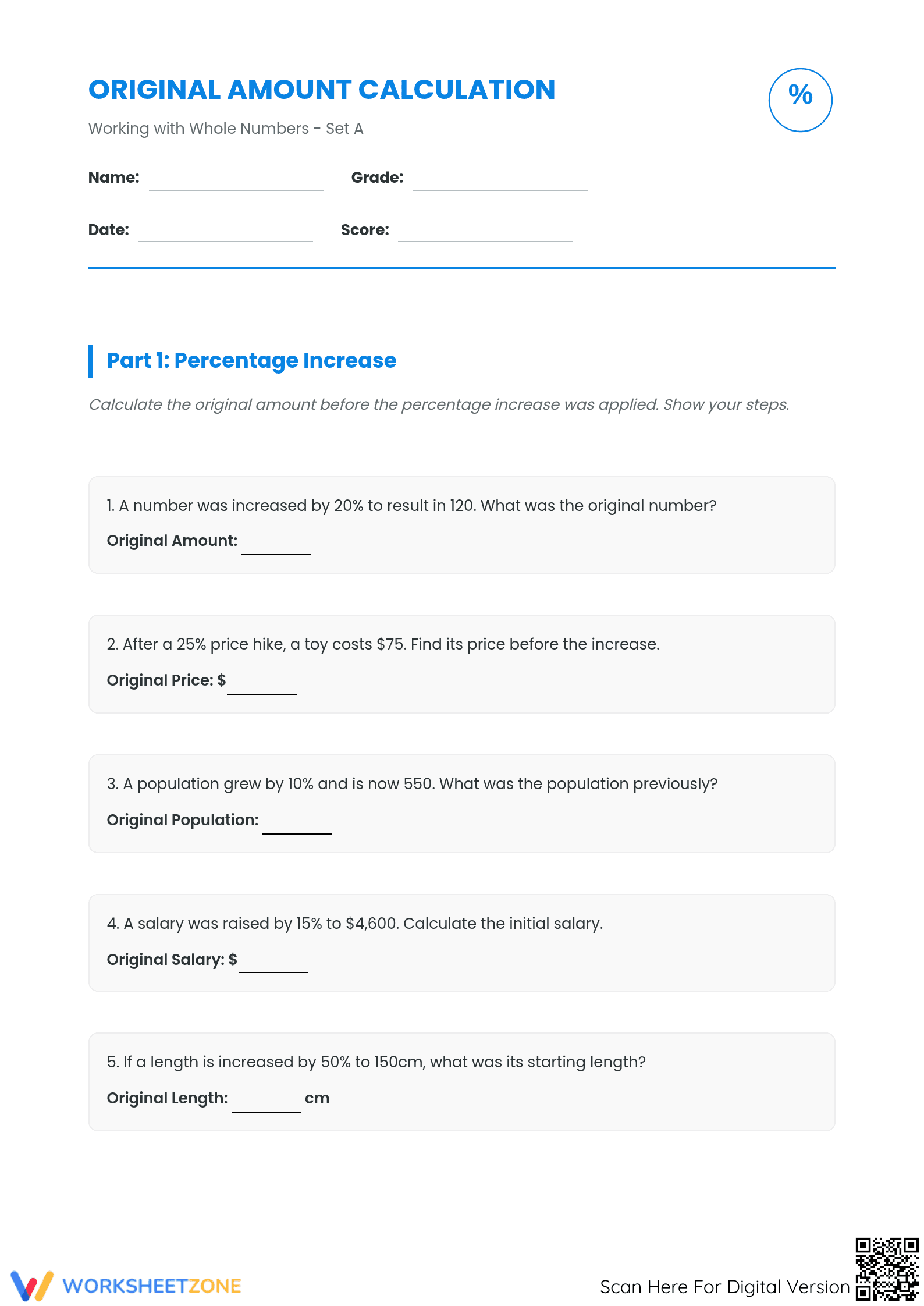 Printable Reverse Percentage Worksheet | Grade 7 Math - Page 1