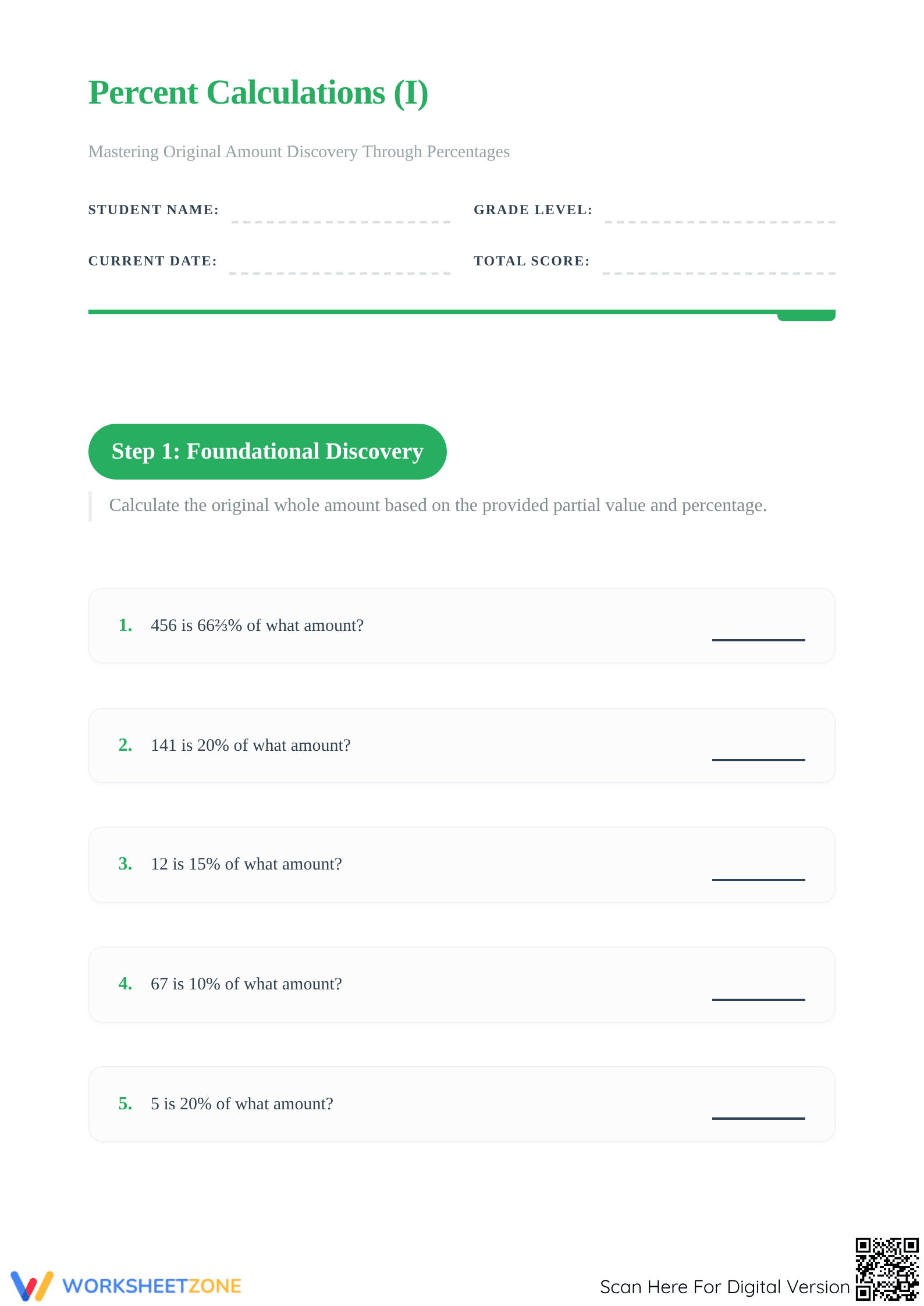 Calculating Original Amount Worksheet | Essential Grade 6 Math - Page 1