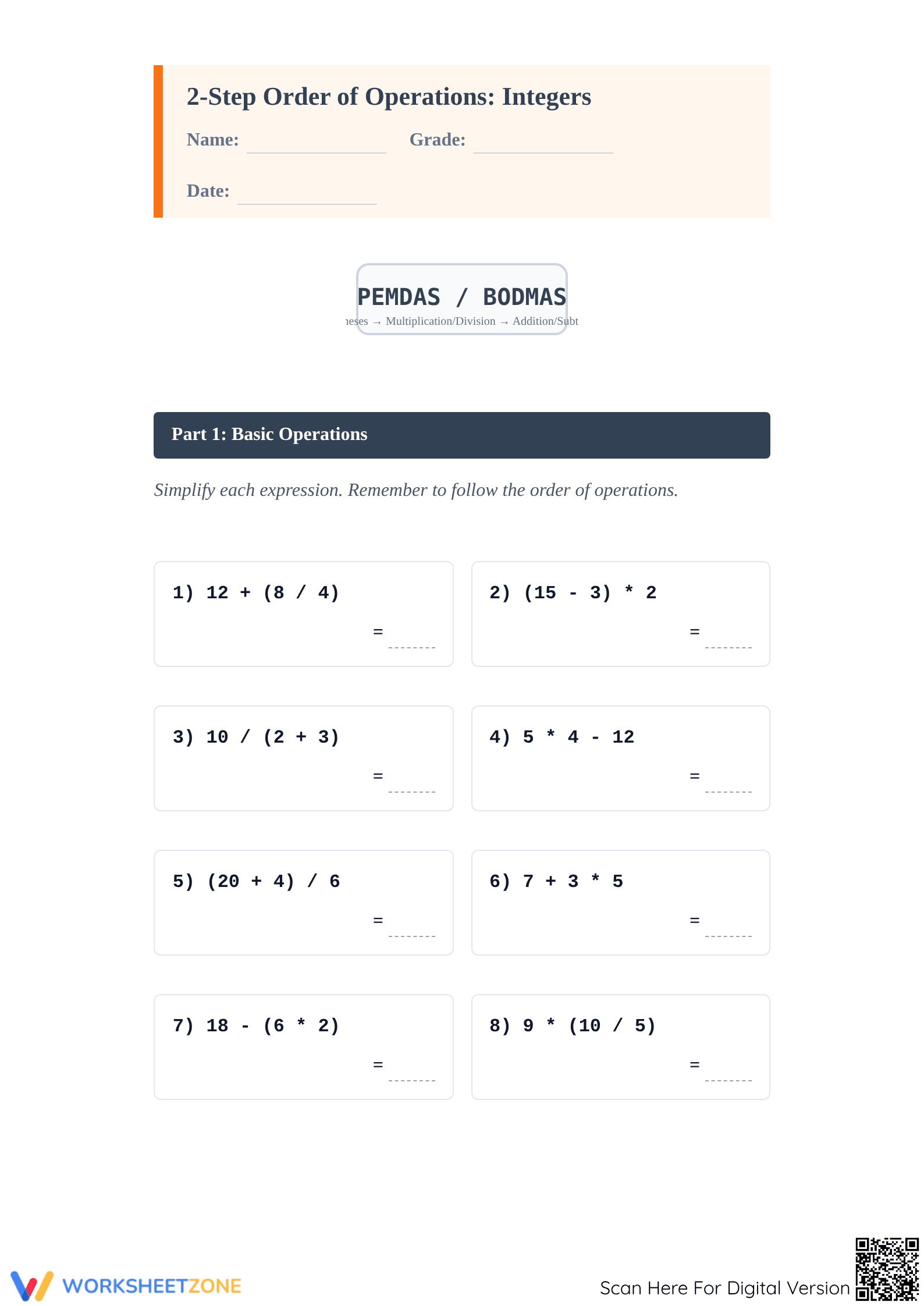 Printable 2-Step Order of Operations with Integers Worksheet - Page 1