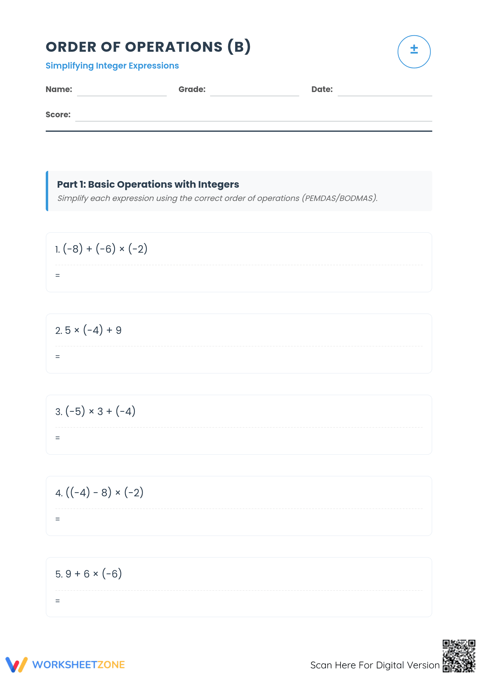 Essential Order of Operations Integer Worksheet | Grade 7 - Page 1