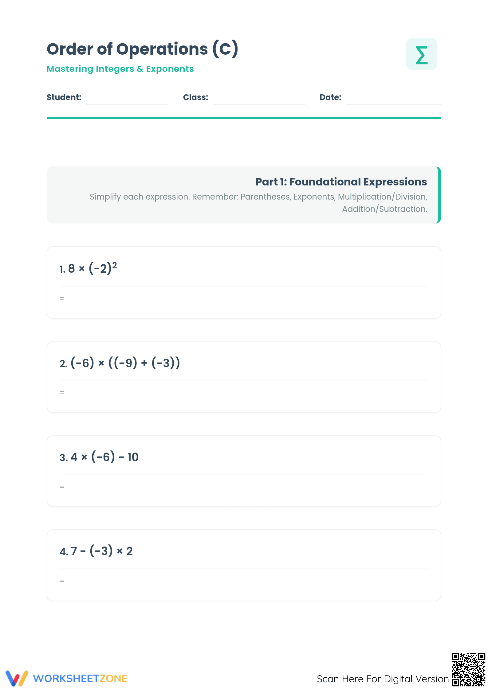 Essential Grade 7 Order of Operations & Integers Worksheet - Page 1