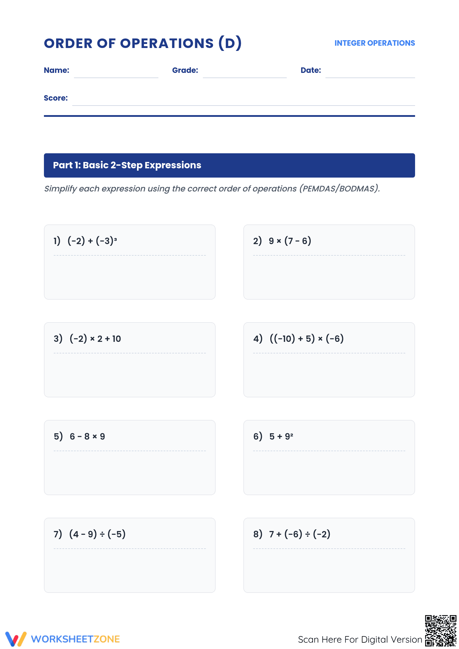 Printable Order of Operations with Integers | Grade 7 Math - Page 1
