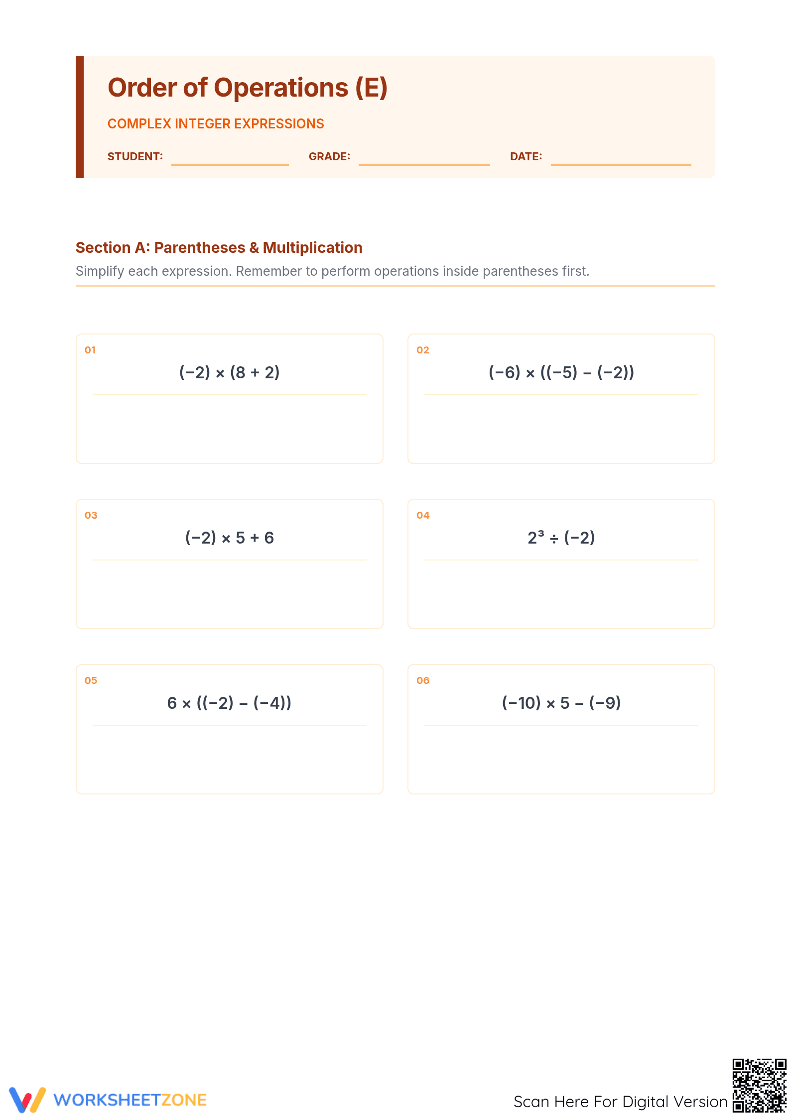 Essential Order of Operations with Integers, Grade 7 - Page 1