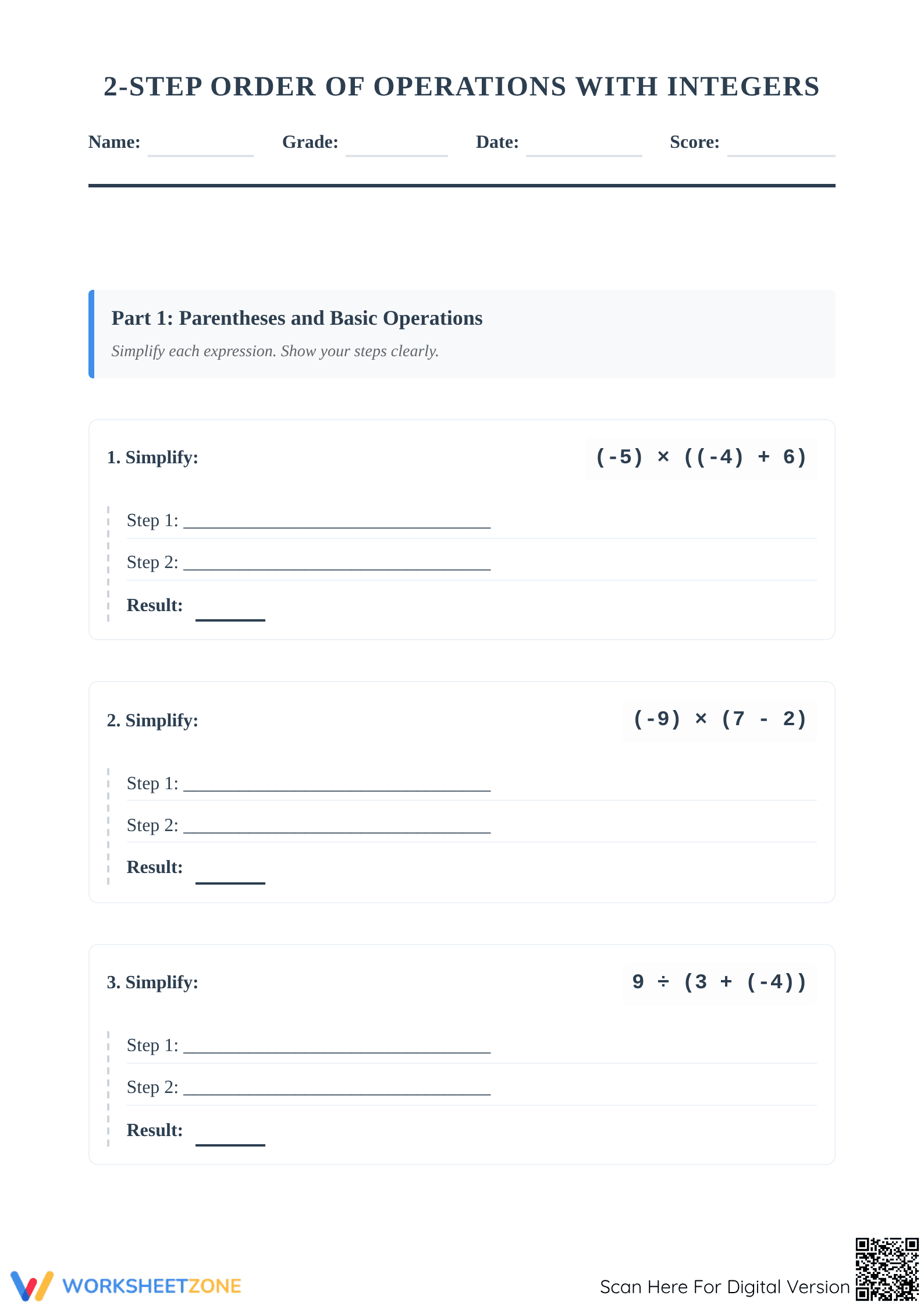 Grade 6-8 Integers PEMDAS — Essential Printable Worksheet - Page 1