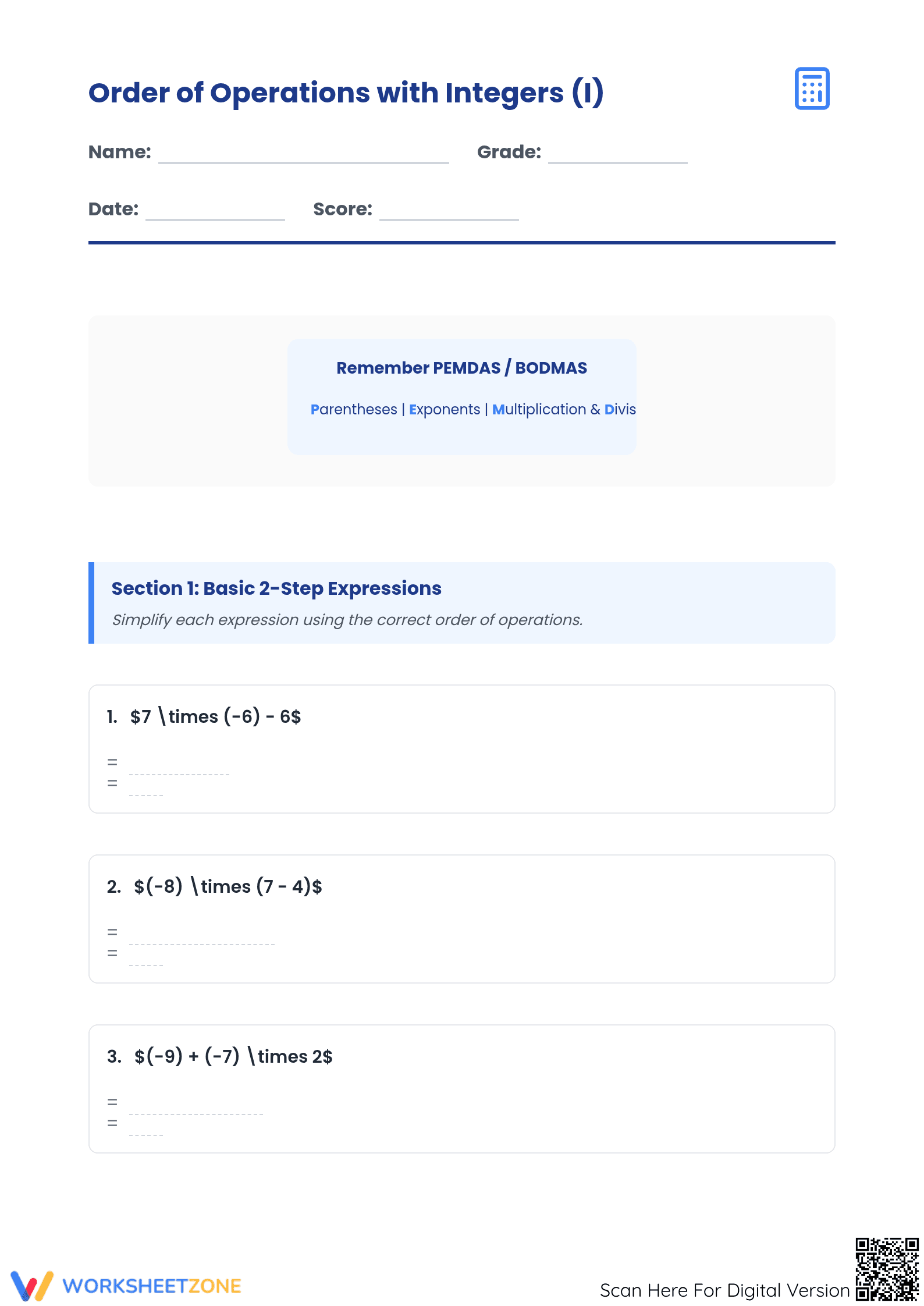 Essential Integer Order of Operations Worksheet | Grade 7 - Page 1