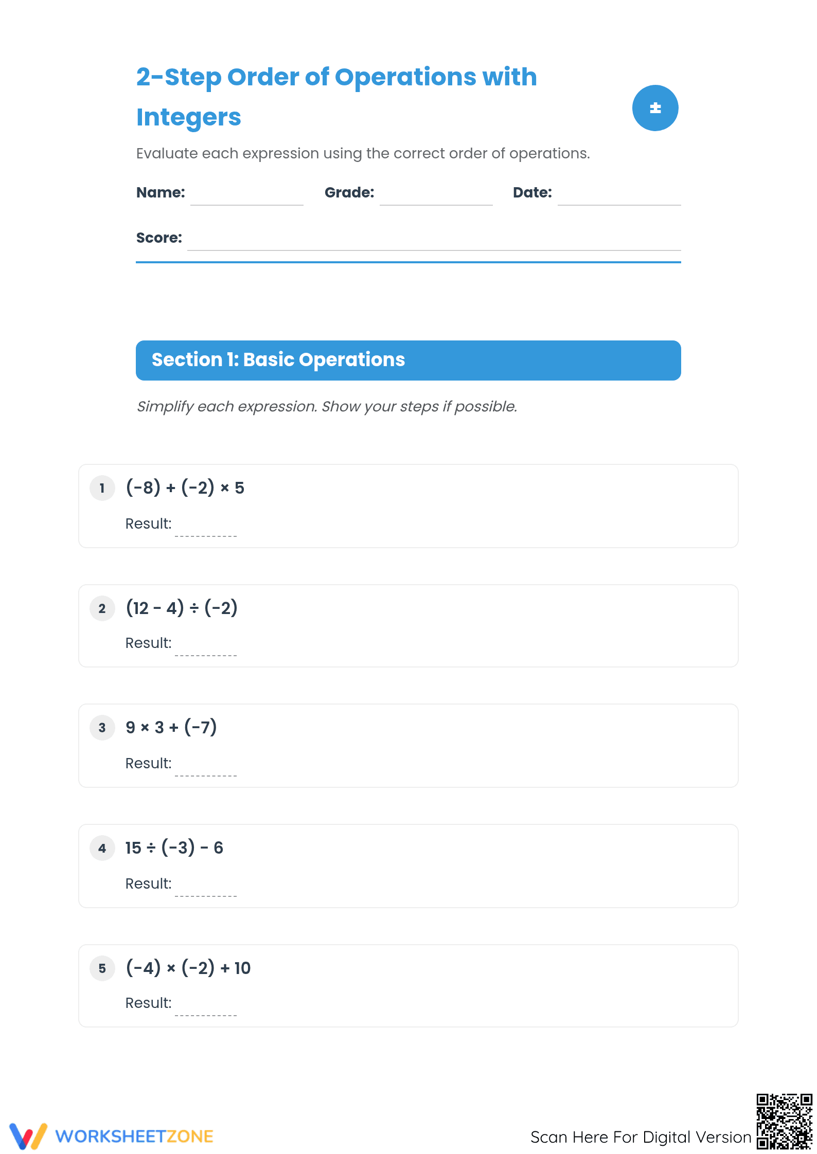 Essential Integers Order of Operations Worksheet: Grade 7 Math - Page 1