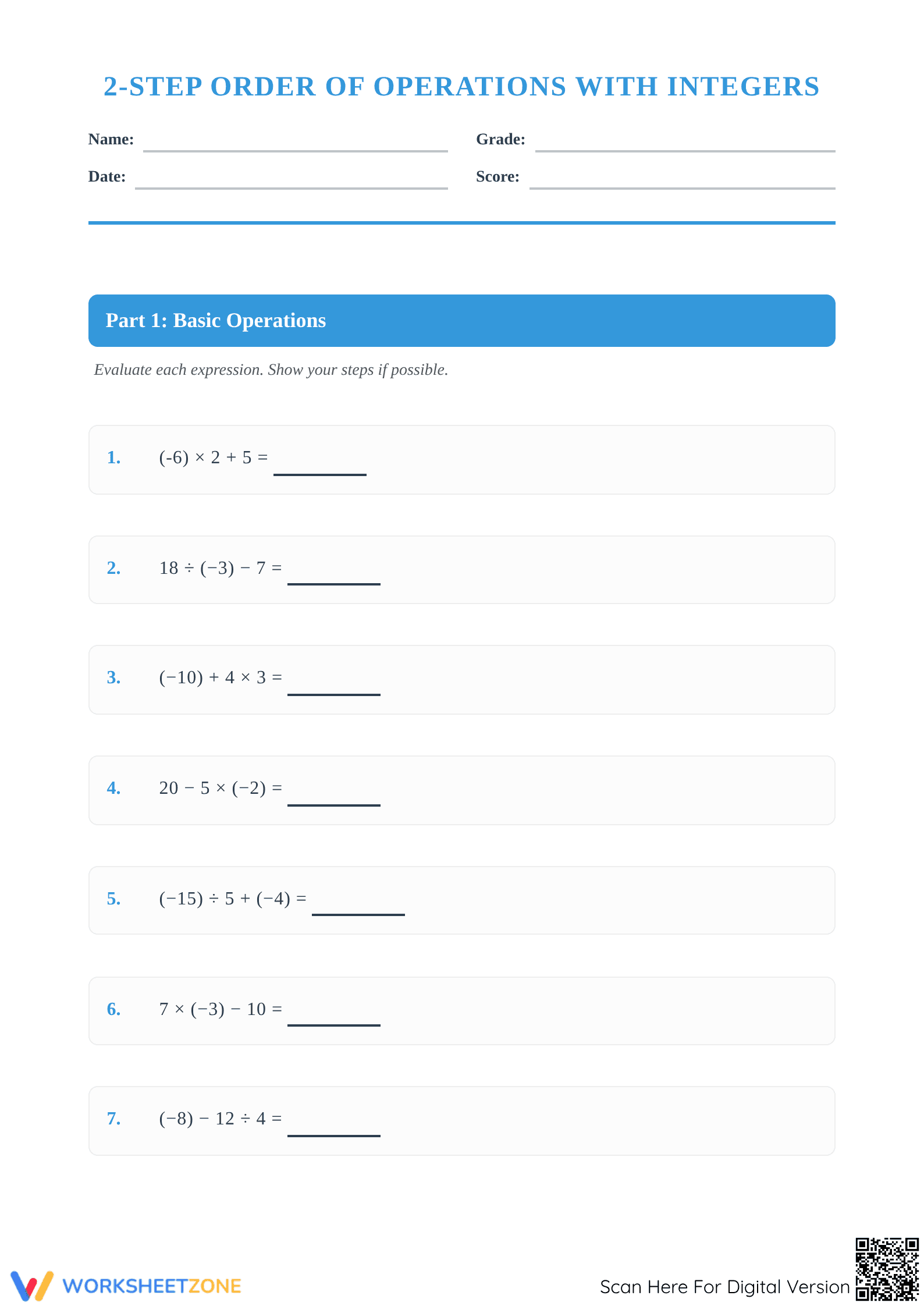 Essential Integer Order of Operations Worksheet | Grade 7 - Page 1