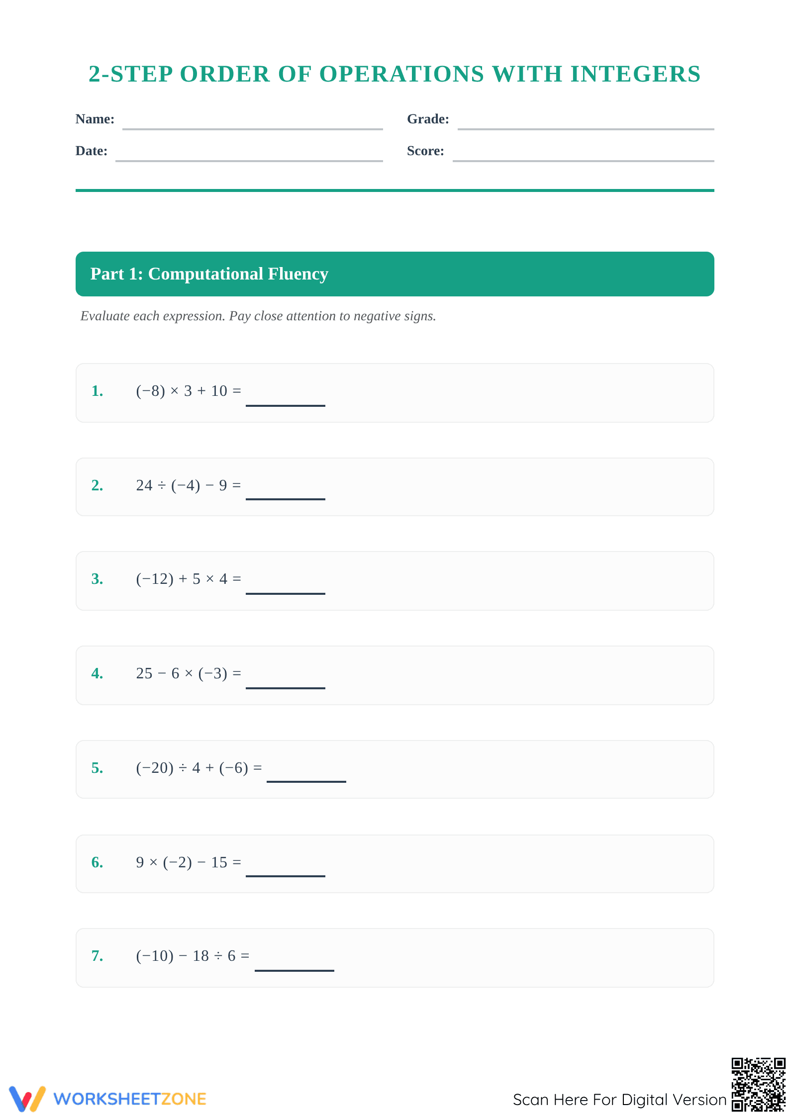Printable 2-Step Order of Operations with Integers Worksheet - Page 1