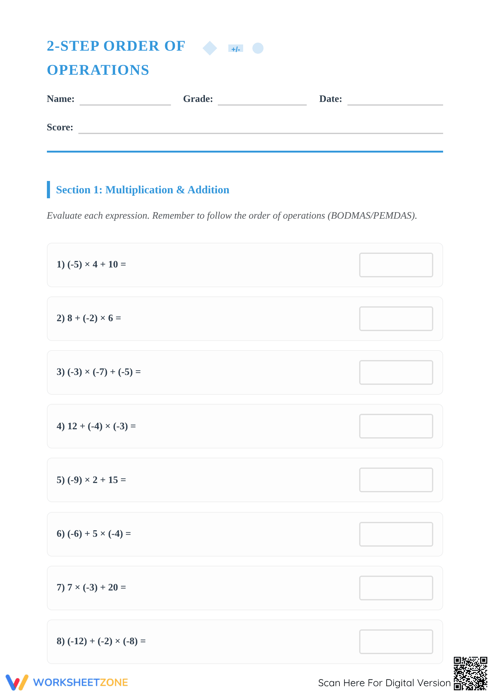 Essential Integer Order of Operations Worksheet | Grade 7 - Page 1