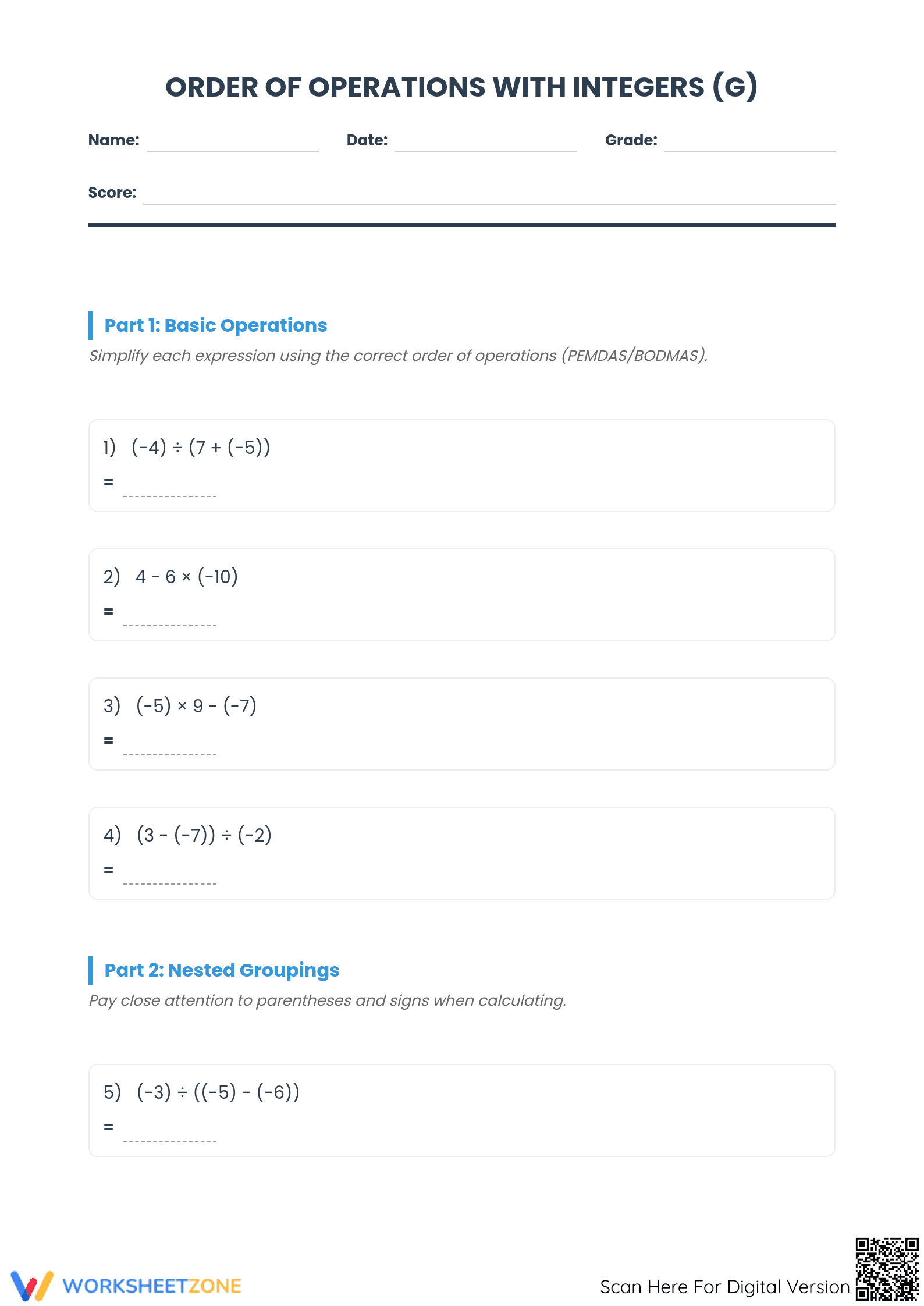 Order of Operations with Integers Worksheet | Printable Math - Page 1