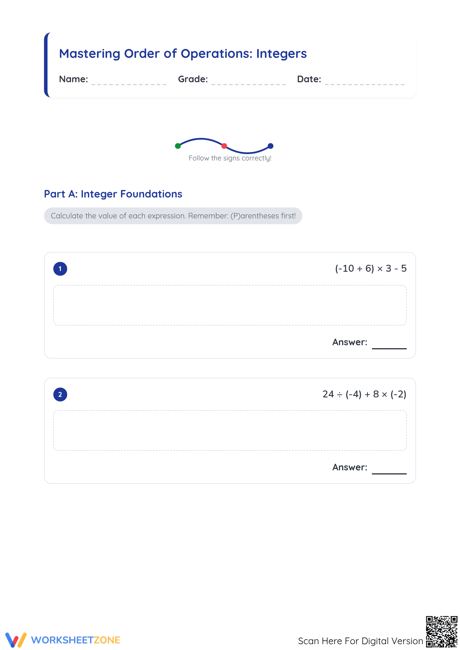 Essential Order of Operations Integer Worksheet | Grade 7 - Page 1