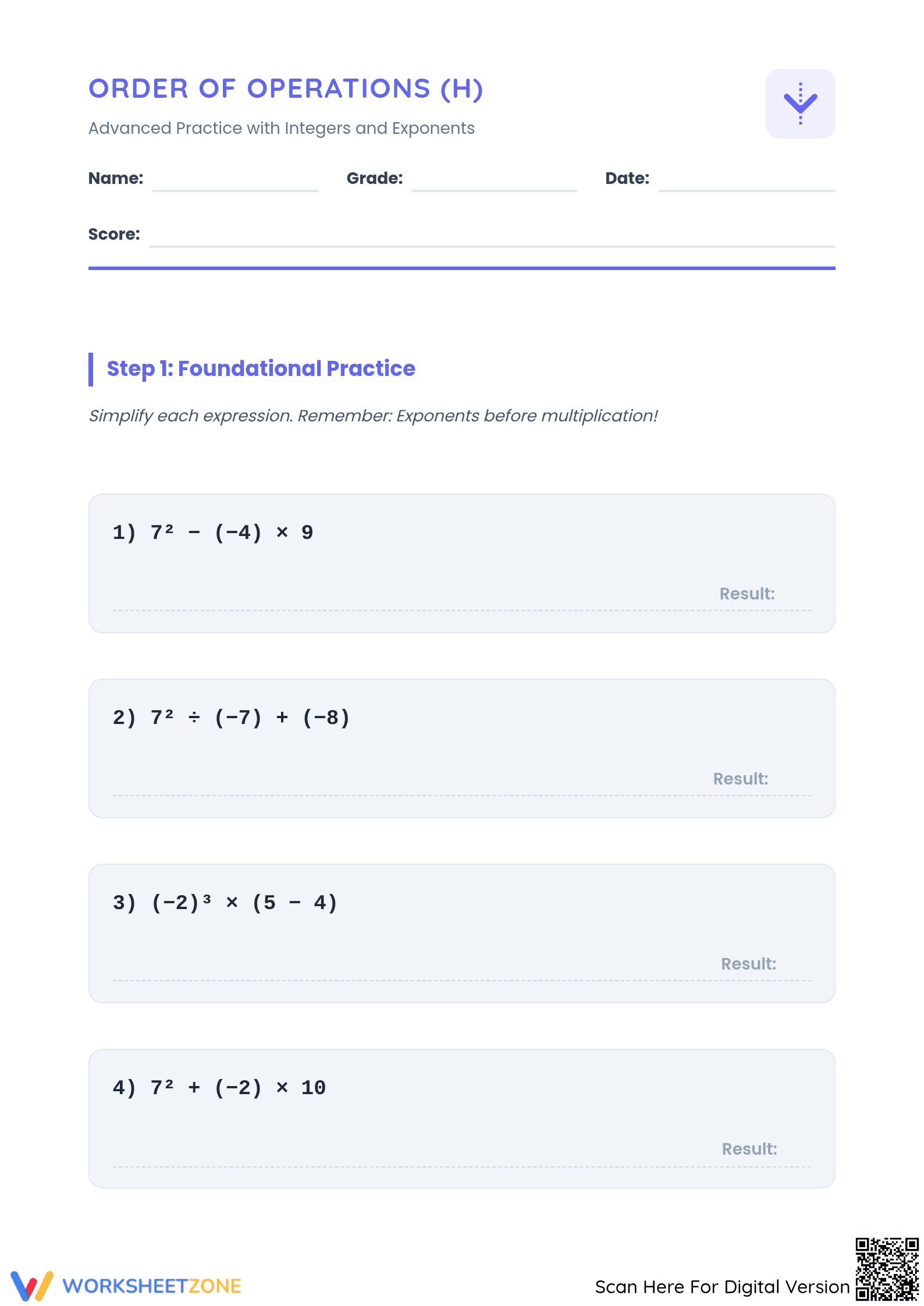 Essential Order of Operations Worksheet | Grade 7 Math - Page 1