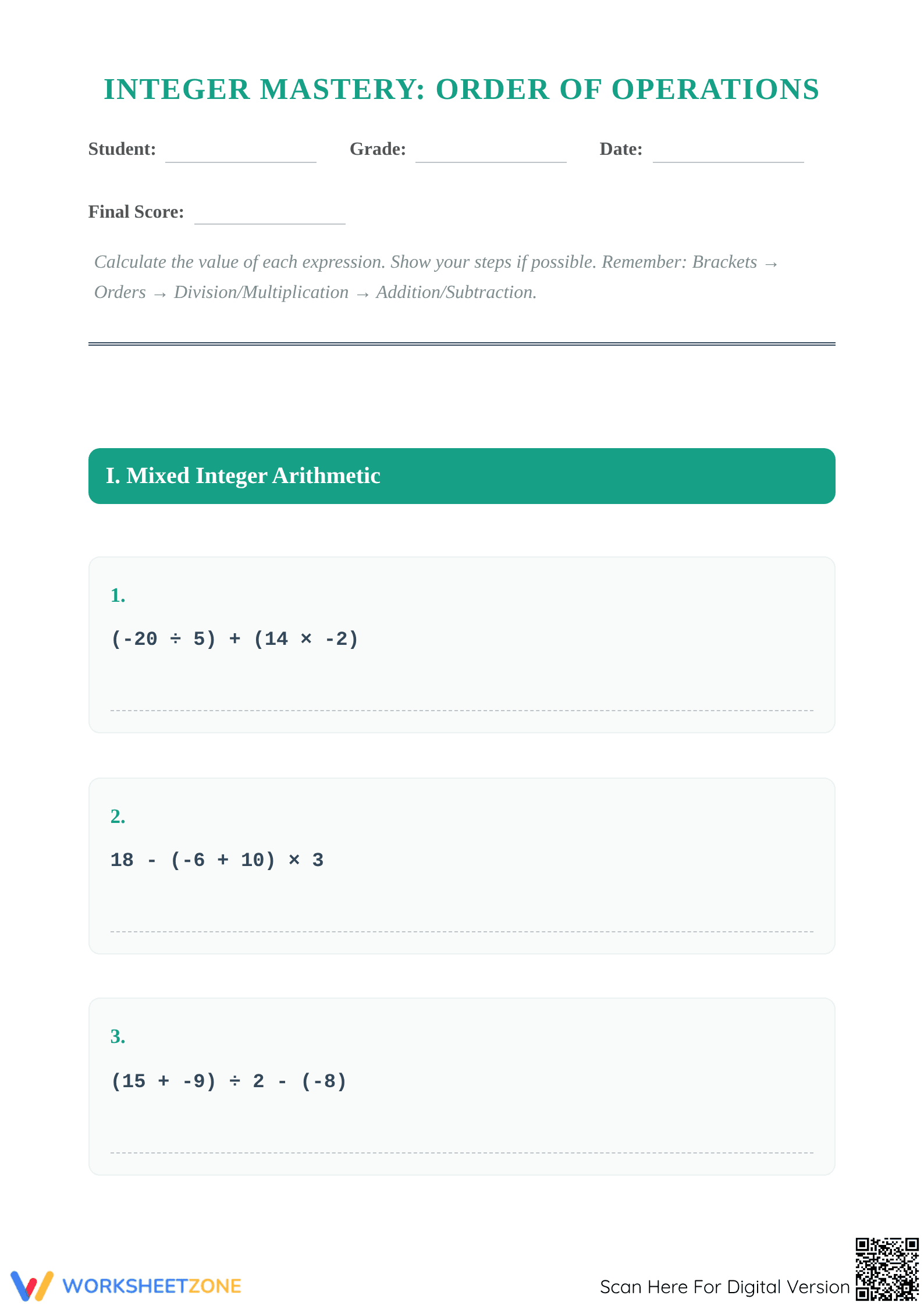Printable Integer Order of Operations Worksheet | Grades 6-8 - Page 1