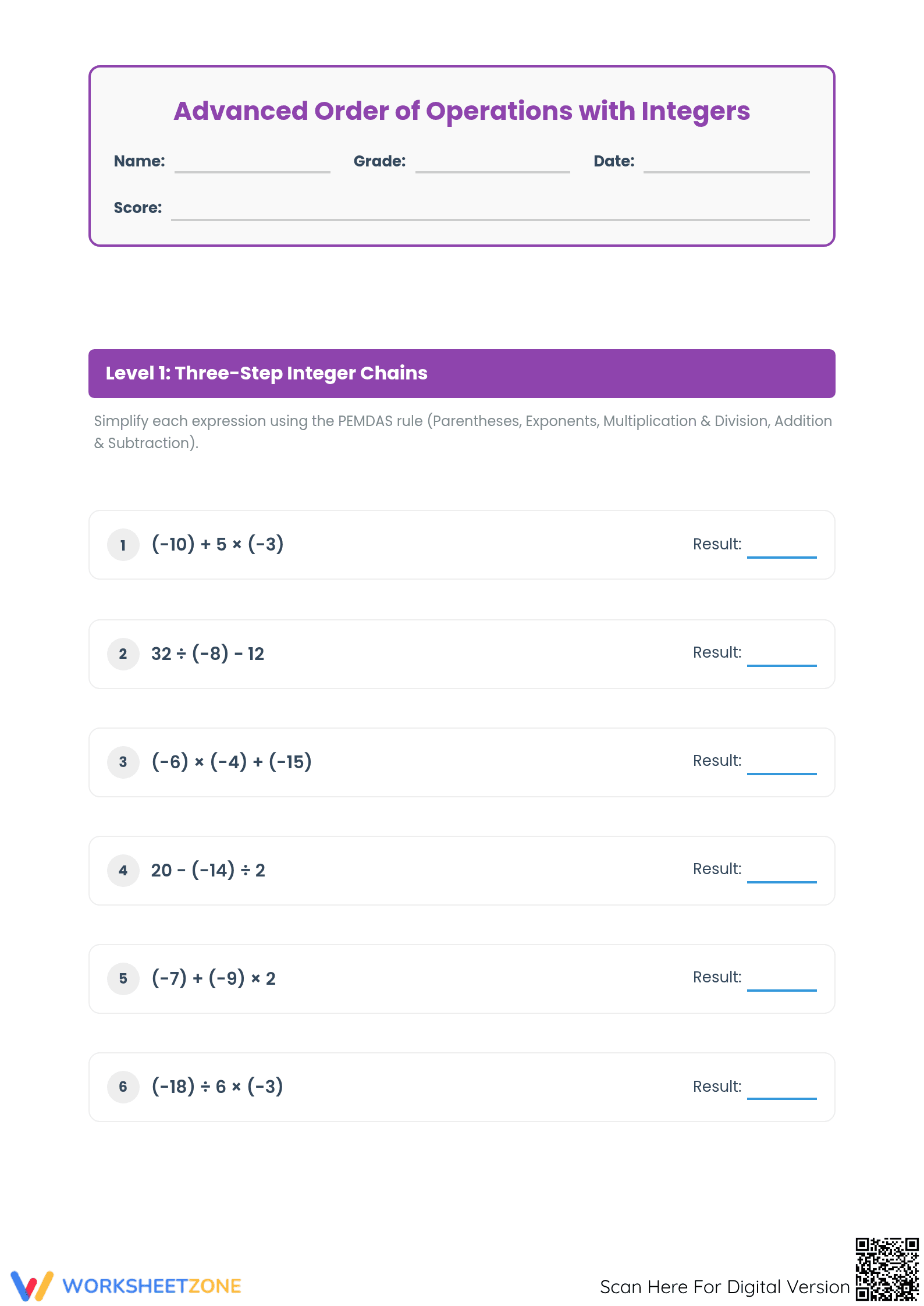 Essential Order of Operations with Integers | Grade 6-8 - Page 1
