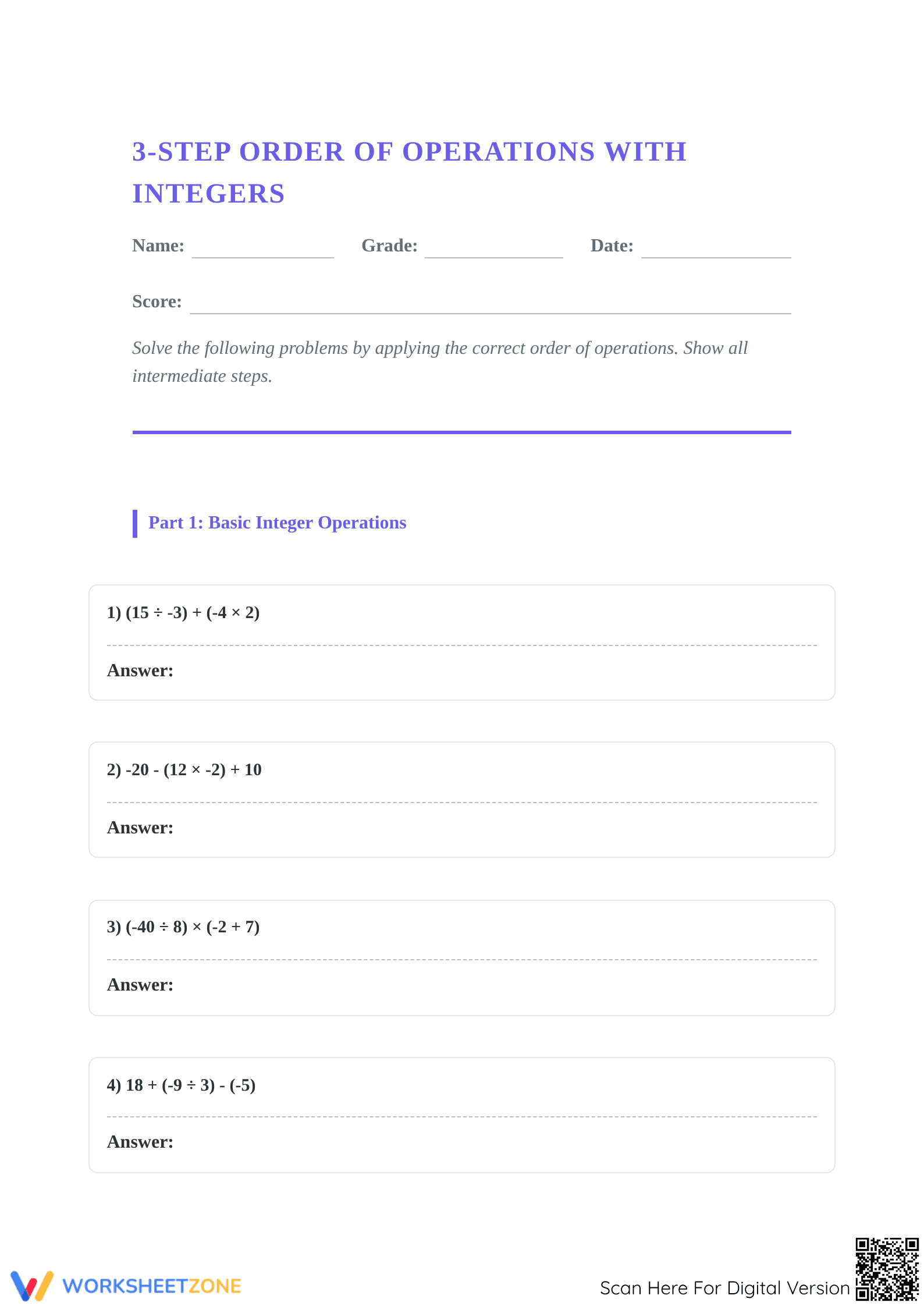 7.NS.A.3 Integer Order of Operations — Essential Worksheet - Page 1