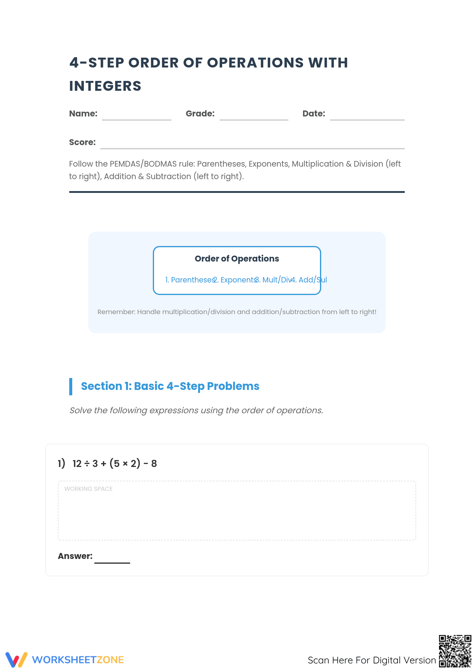Order of Operations with Integers | Essential Grade 7 Math - Page 1
