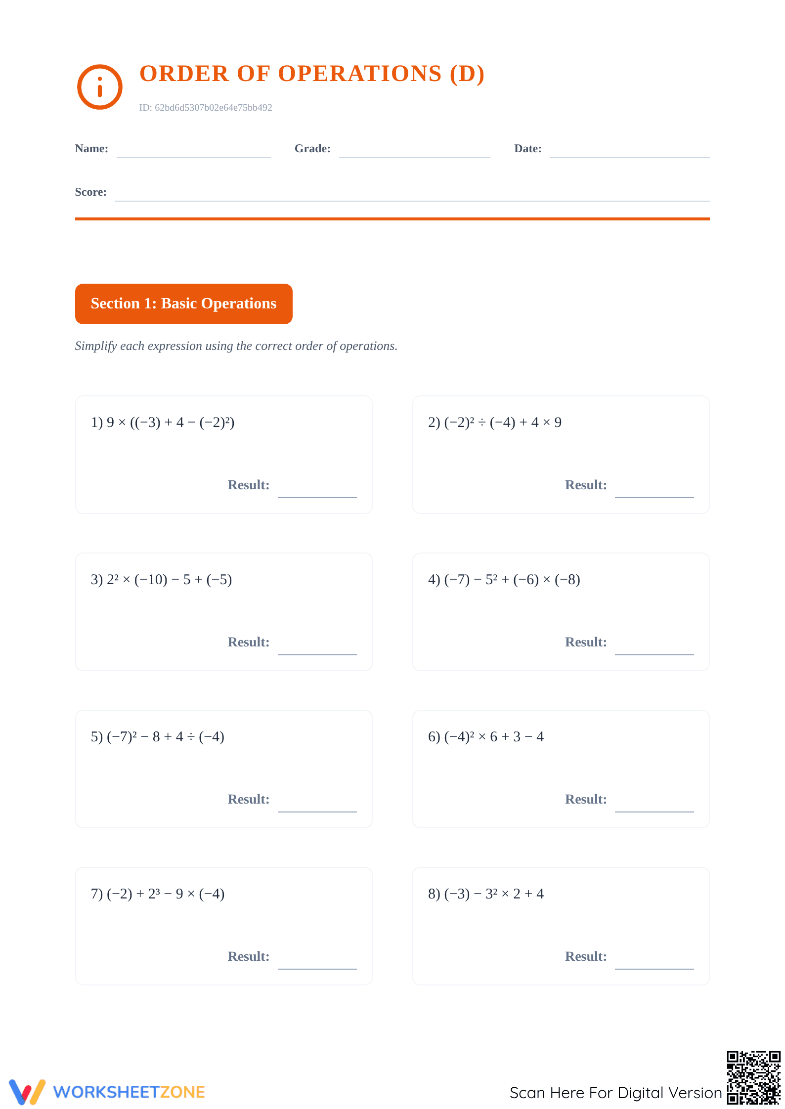 Order of Operations Worksheet | Grade 6 Essential Math - Page 1