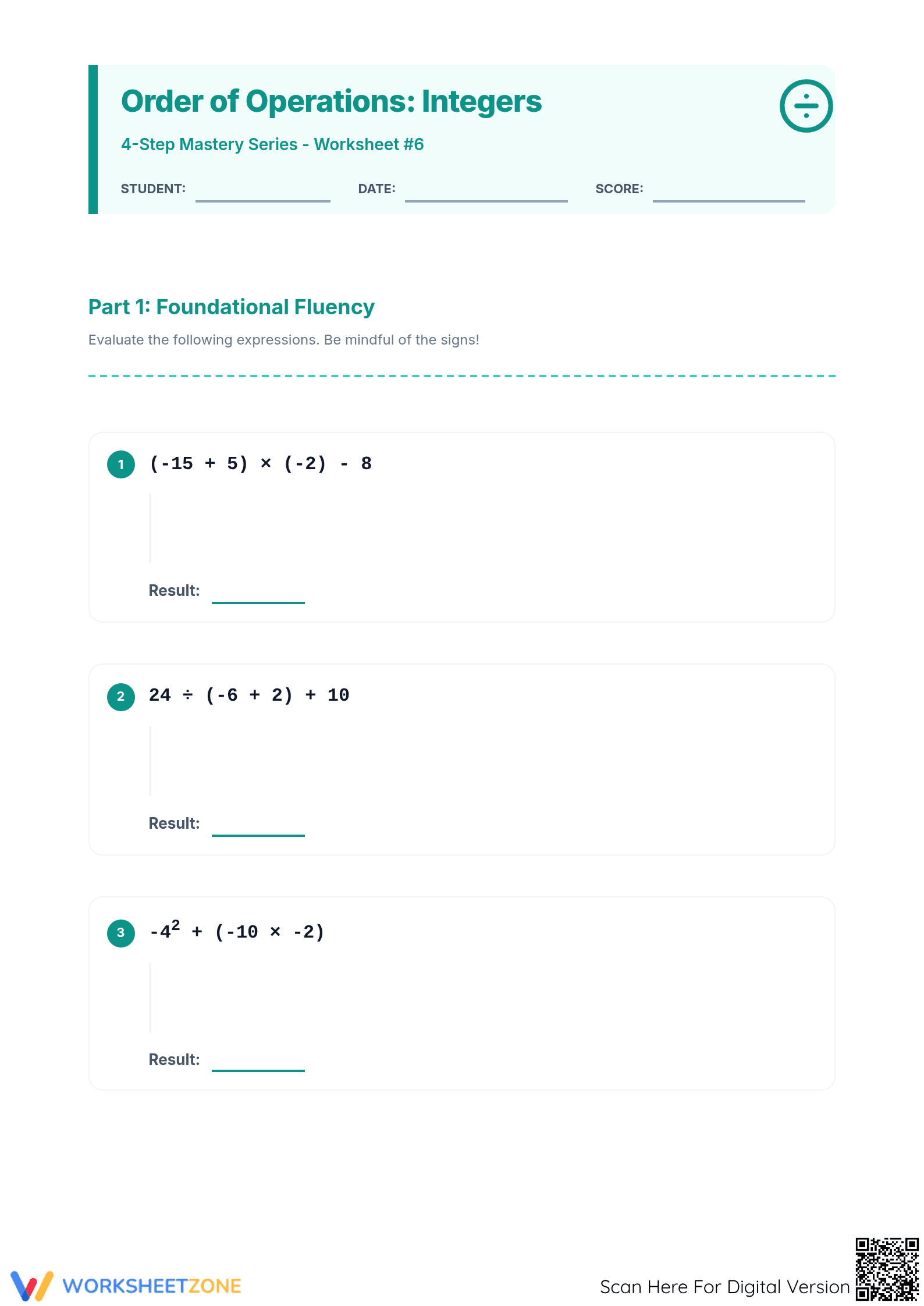 Printable 4-Step Order of Operations Integers Mastery - Page 1