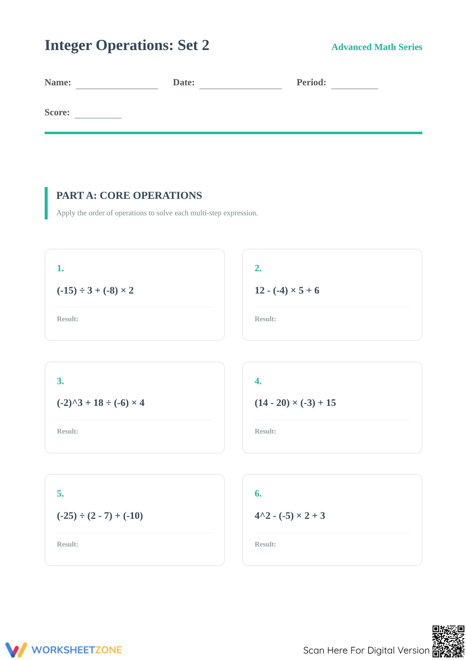 Essential Integer Order of Operations Worksheet | Grade 7 - Page 1