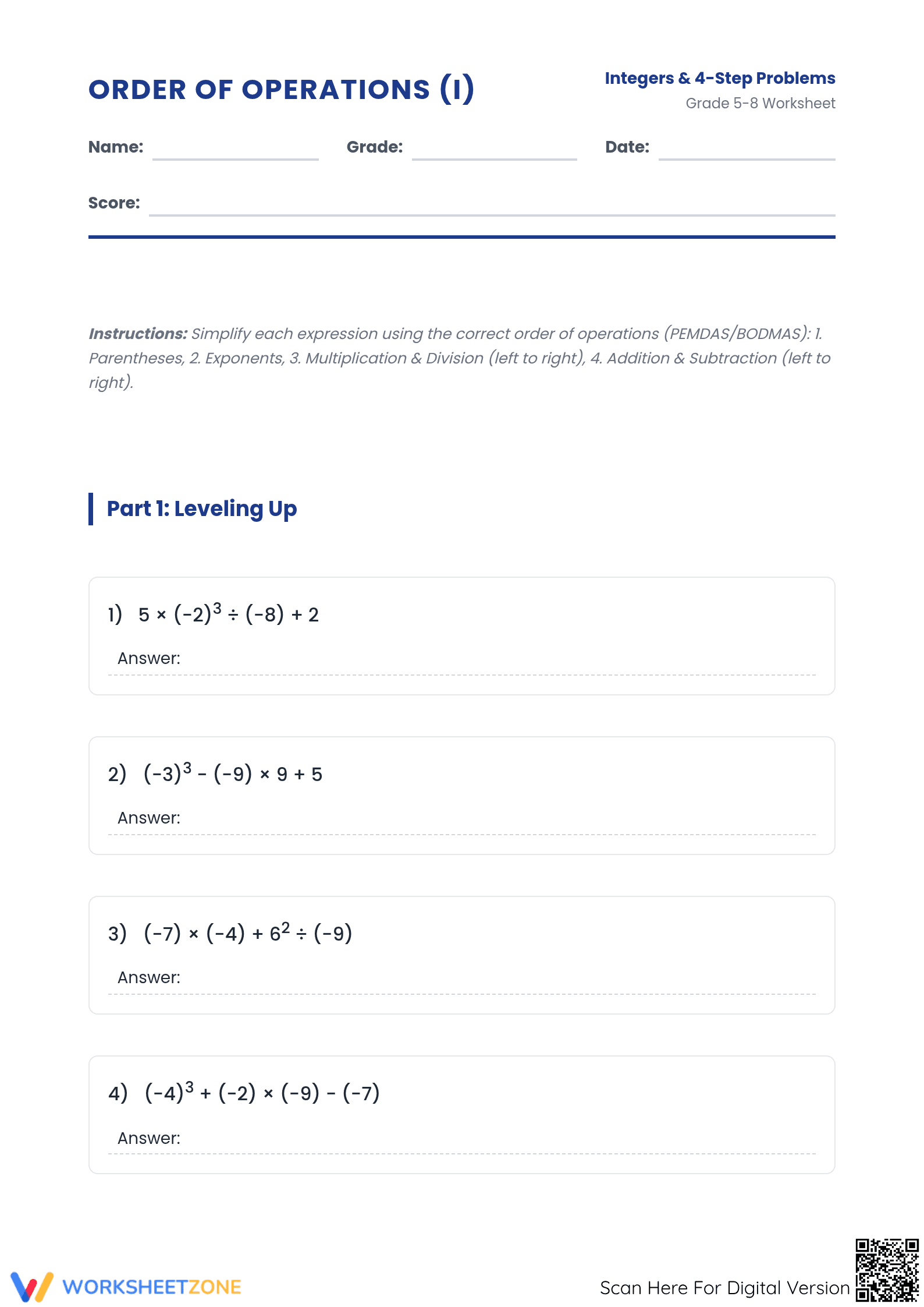 Printable Order of Operations Integer Worksheet | Grades 5-8 - Page 1
