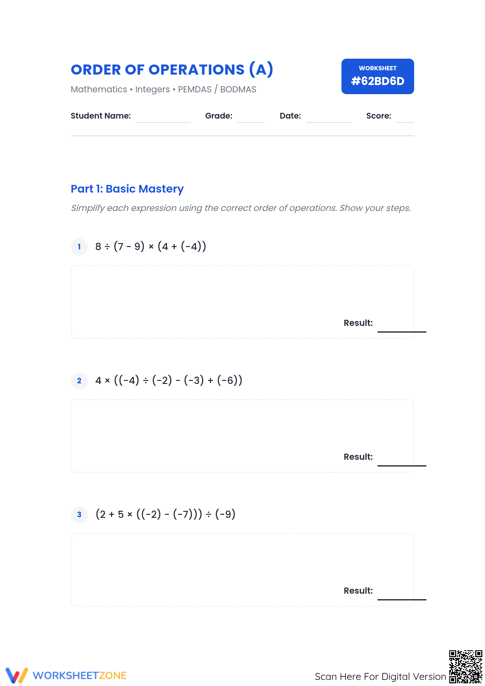 Essential Order of Operations: Integers | Grade 7 Printable - Page 1