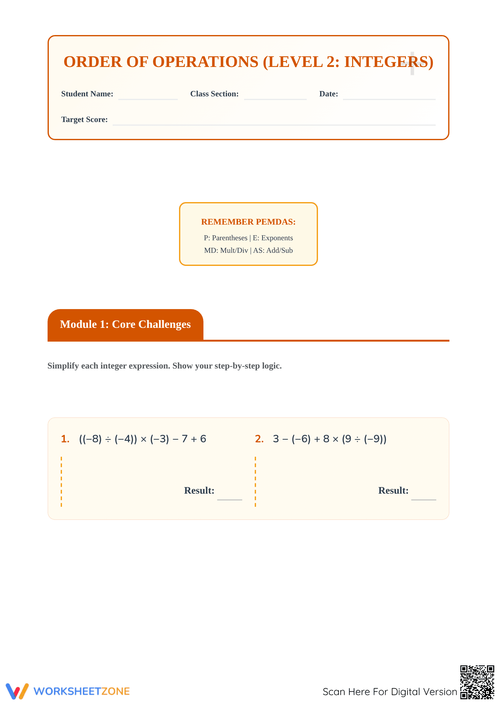Essential Integers Order of Operations Worksheet | Grade 7 - Page 1