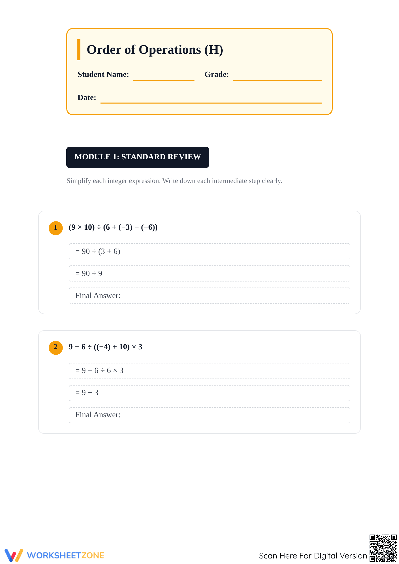 Essential Order of Operations with Integers | Grade 7 Math - Page 1