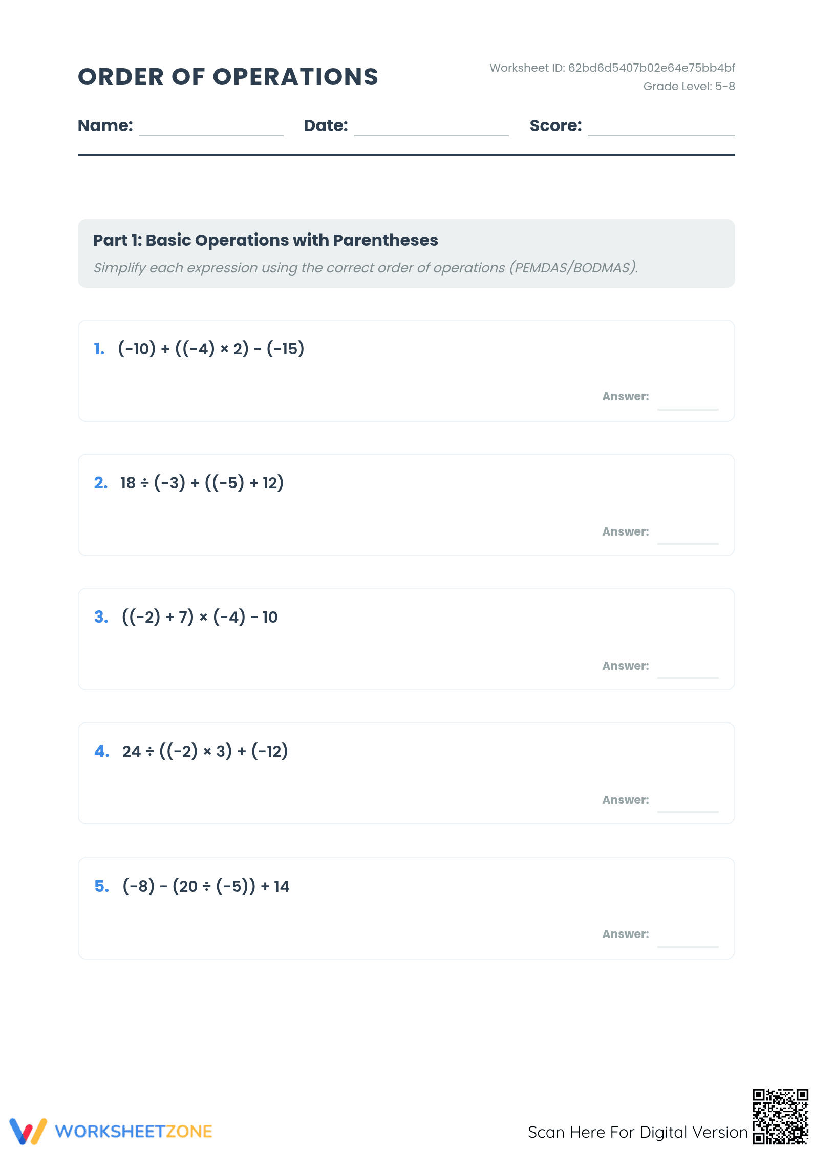Essential Order of Operations Worksheet | Grade 6 Math - Page 1